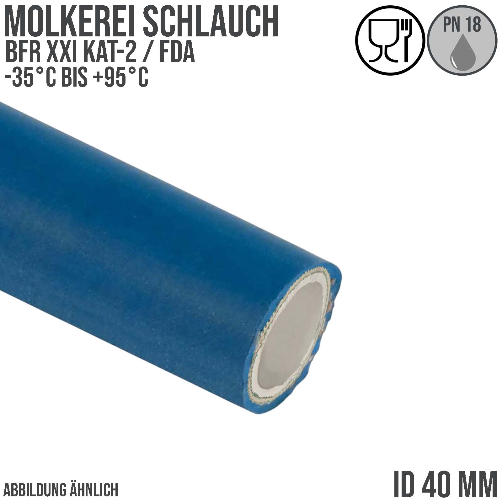 40 mm Molkerei Milch Lebensmittel Schlauch BfR FDA NBR NVC blau weiß - PN 18 bar - 40 m Rolle