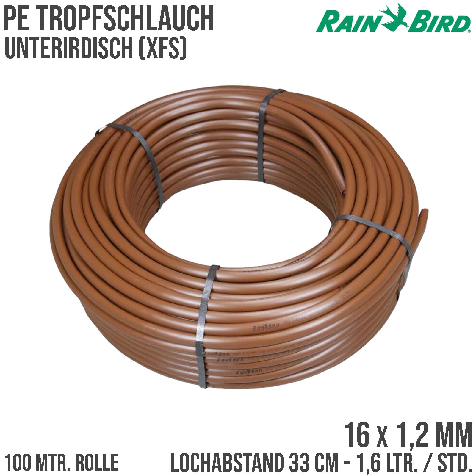 Rain Bird Tropfschlauch Unterirdisch PE 16 mm x 1,2 mm 1.6ltr/h 33 cm braun Typ PC inline XFS sub surface - 100 m