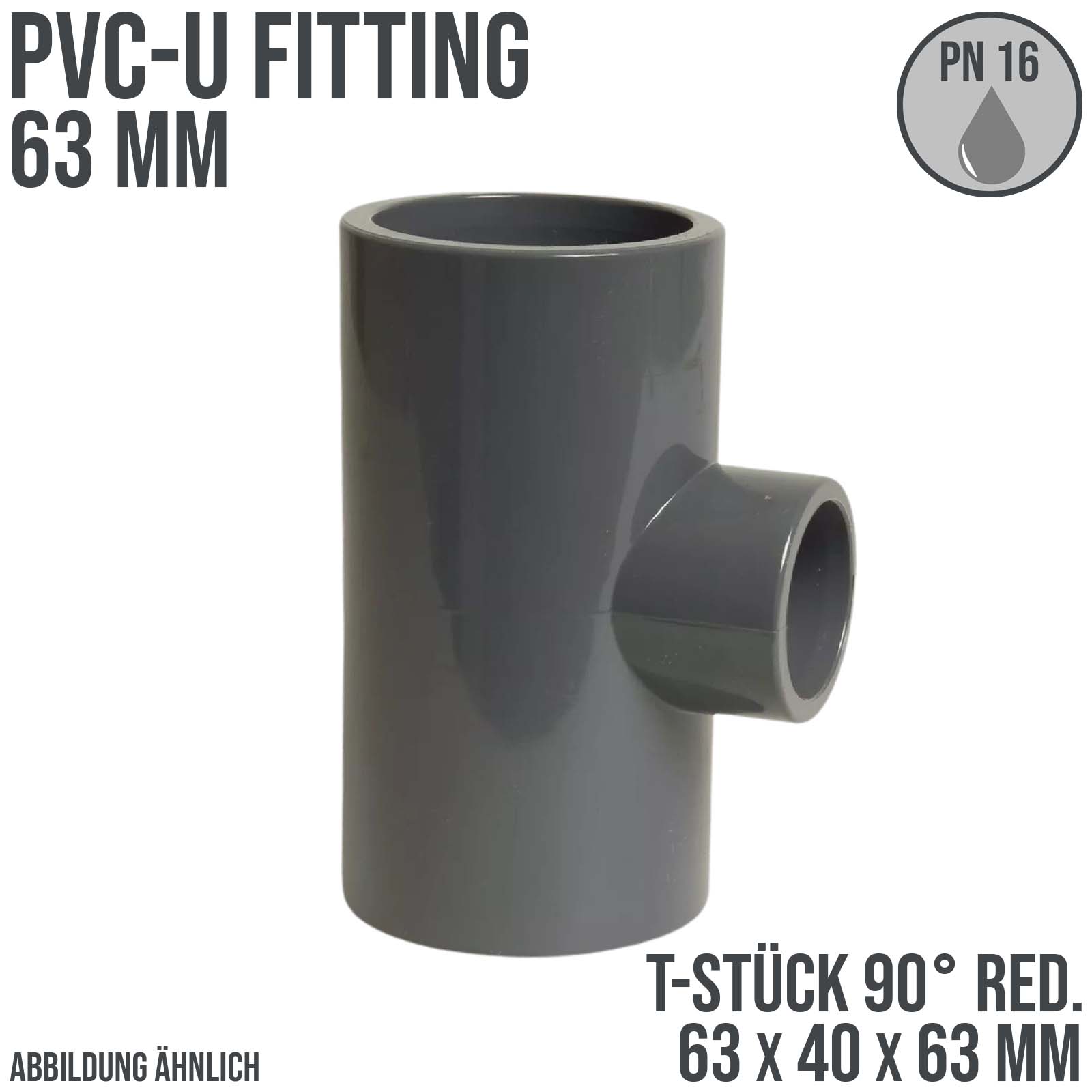 63 mm PVC Klebe Fitting T-Stück 90° Winkel reduziert 63 x 40 x 63 mm Muffe Verbinder - PN 16 bar