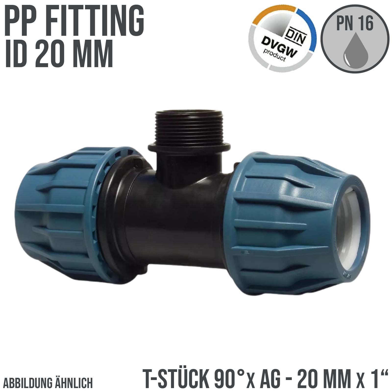 20 mm x 1" PE PP Fitting Klemm Verbinder Verschraubung Rohr T-Stück 90° x IG DVGW - PN 16 bar