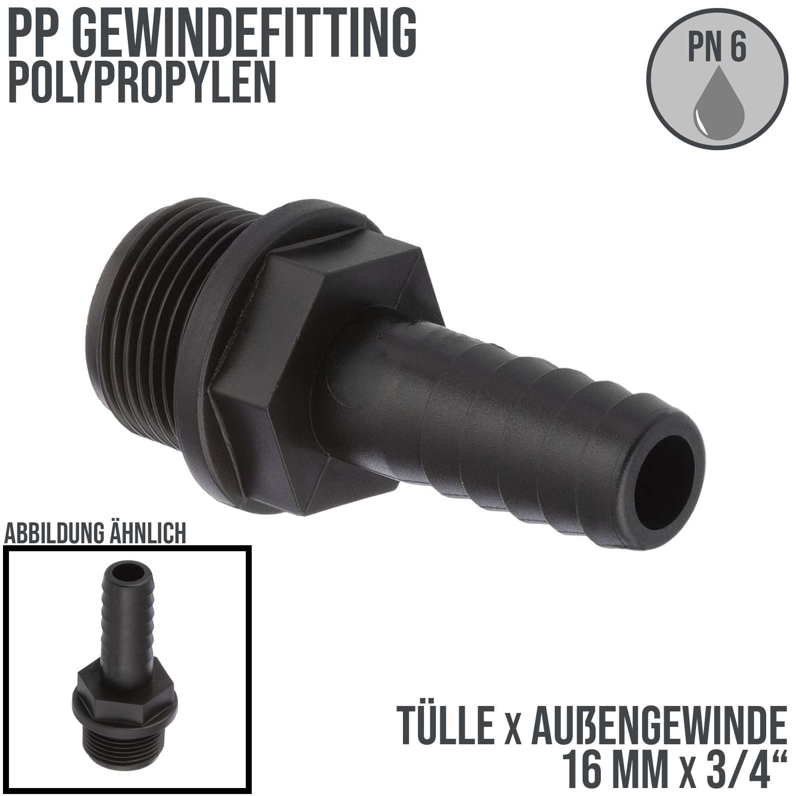 16 mm x 3/4 " PP Gewinde Fitting Schlauch Tülle Stutzen Außengewinde AG - PN 6 bar