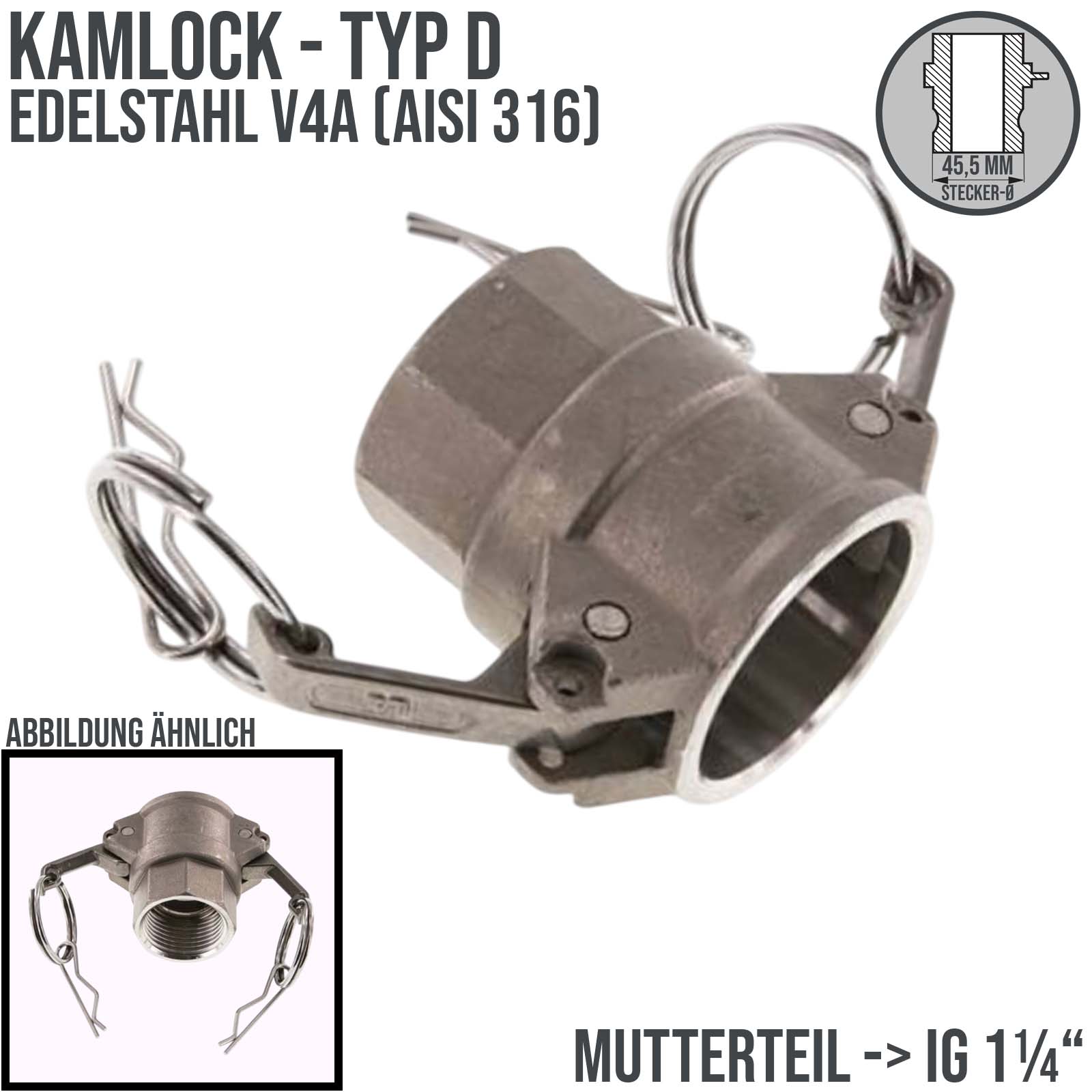 Kamlock Typ D - Mutterteil Edelstahl V4A (AISI 316) mit Innengewinde (IG) für Stecker 45,5 mm - 1 1/4" Zoll DN32 - PN 17 bar
