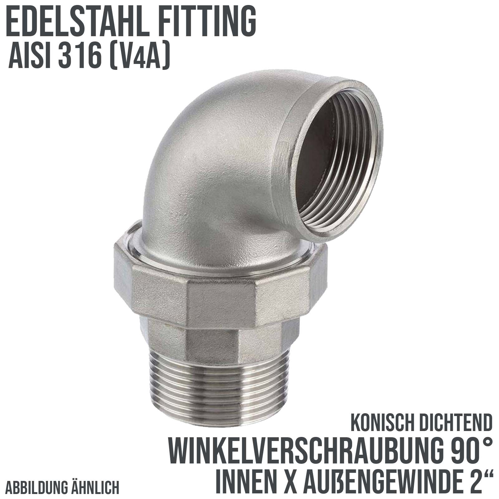 2" Edelstahl Fitting V4A AISI 316 Winkelverschraubung 90° Innen x Außengewinde IG x AG konisch dichtend - PN 16 bar
