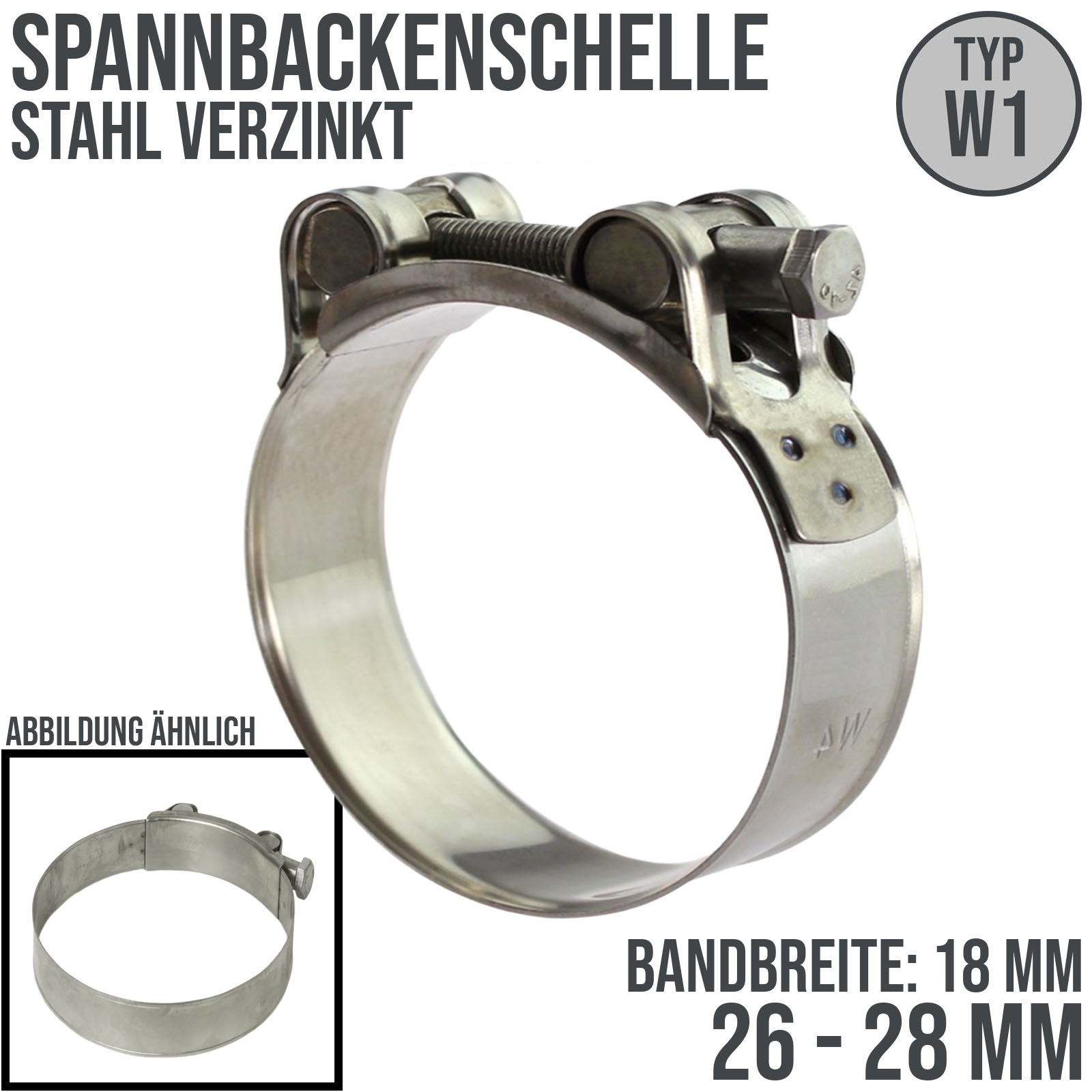 26 x 28 mm Gelenkbolzen (GBS) Spannbacken Panzer Schelle Stahl verzinkt Typ W1 - Bandbr.: 18 mm