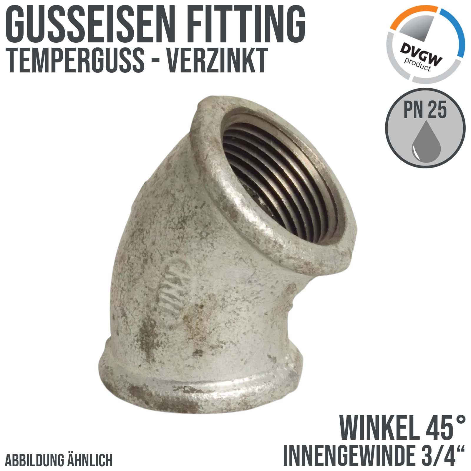3/4" Gusseisen Temperguss Fitting Winkel 45° Innengewinde IG DVGW PN 25 bar