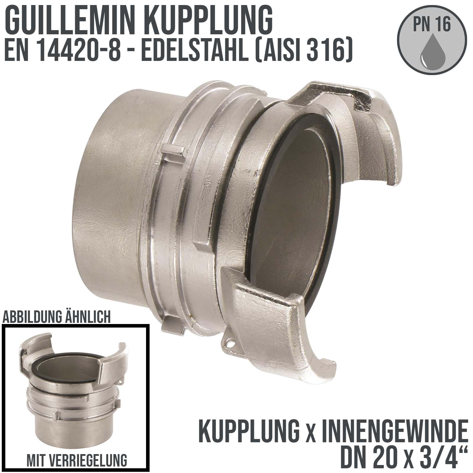 DN 20 Guillemin Kupplung Verriegelung BSPP Innengewinde IG 3/4" Edelstahl AISI 316 - PN 16 bar