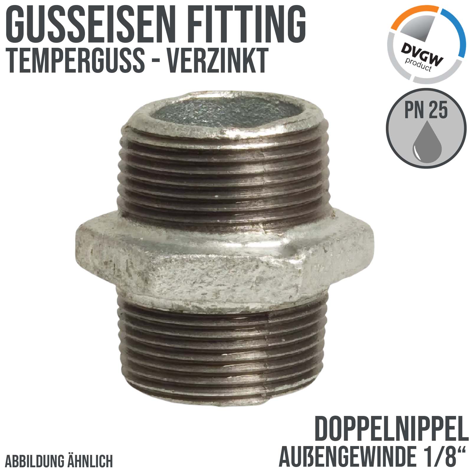 1/8" Gusseisen Temperguss Fitting Doppelnippel Außengewinde AG DVGW PN 25 bar