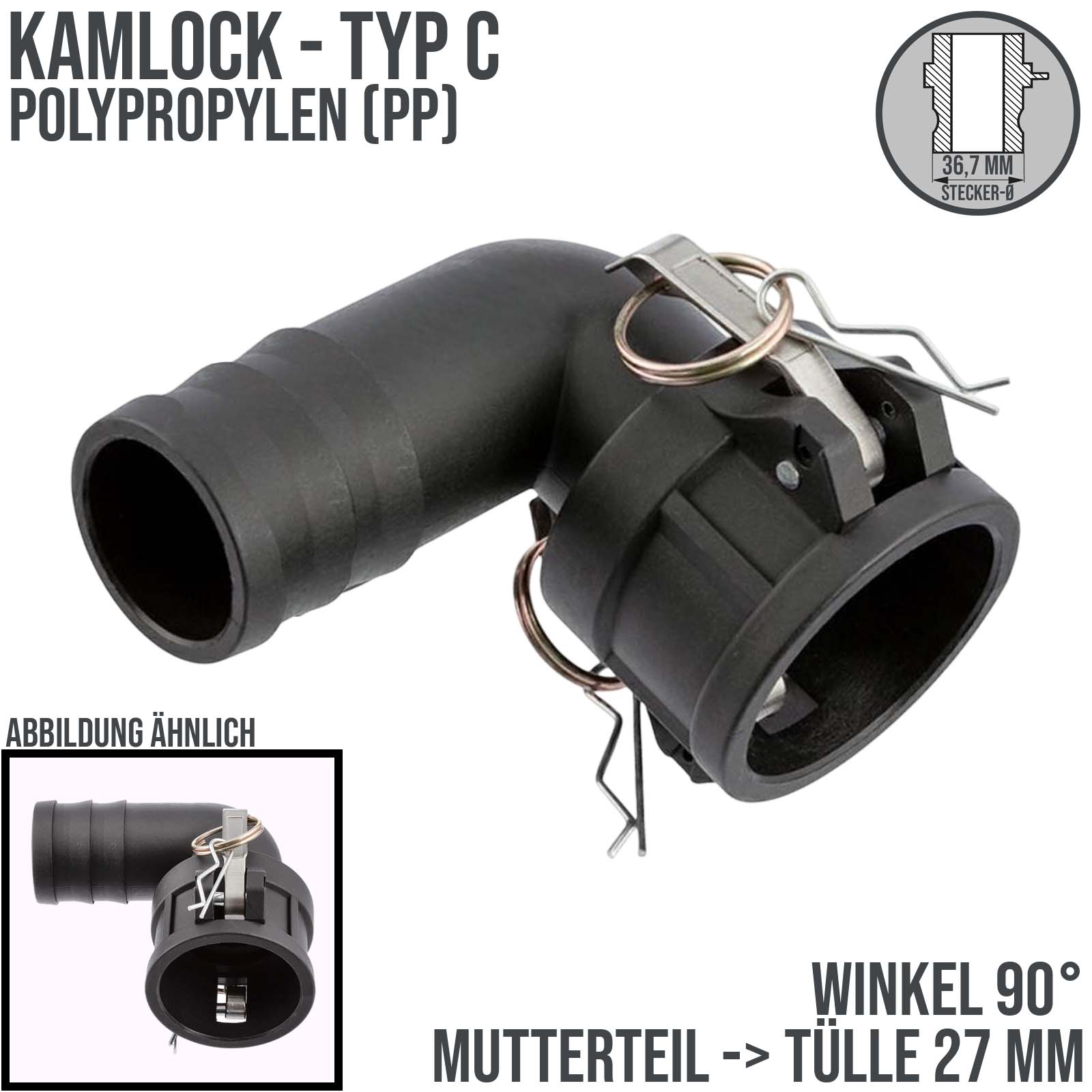 Kamlock Typ C - Winkel 90° Mutterteil (36,7 mm) Polypropylen PP -> Tülle 27 mm DN25 - PN 8,5 bar