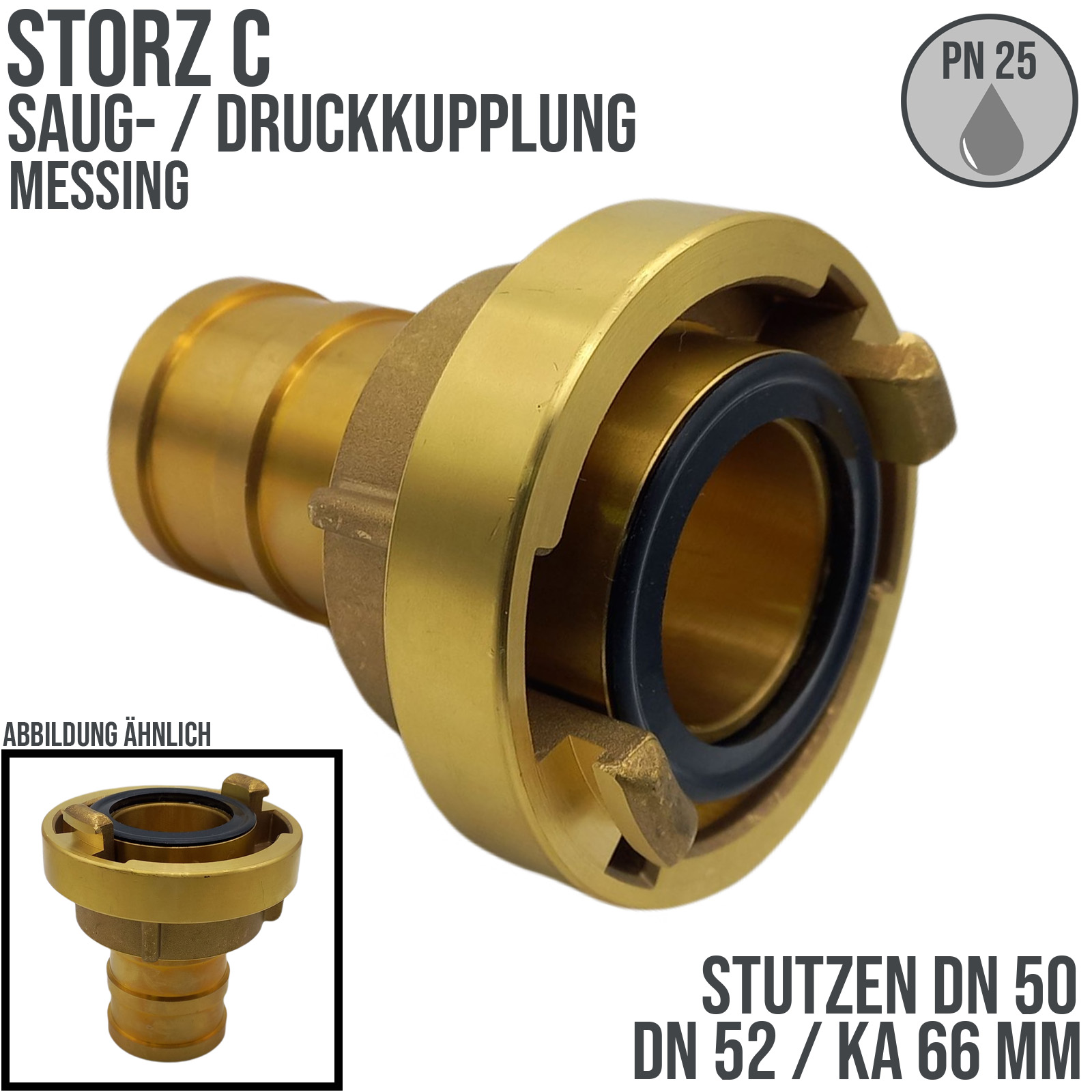 STORZ C DN52 KA66 Messing Saug Kupplung -> Stutzen Tülle DN52 KA66 Bau Feuerwehr Schlauch PN 25 bar NBR Dichtung