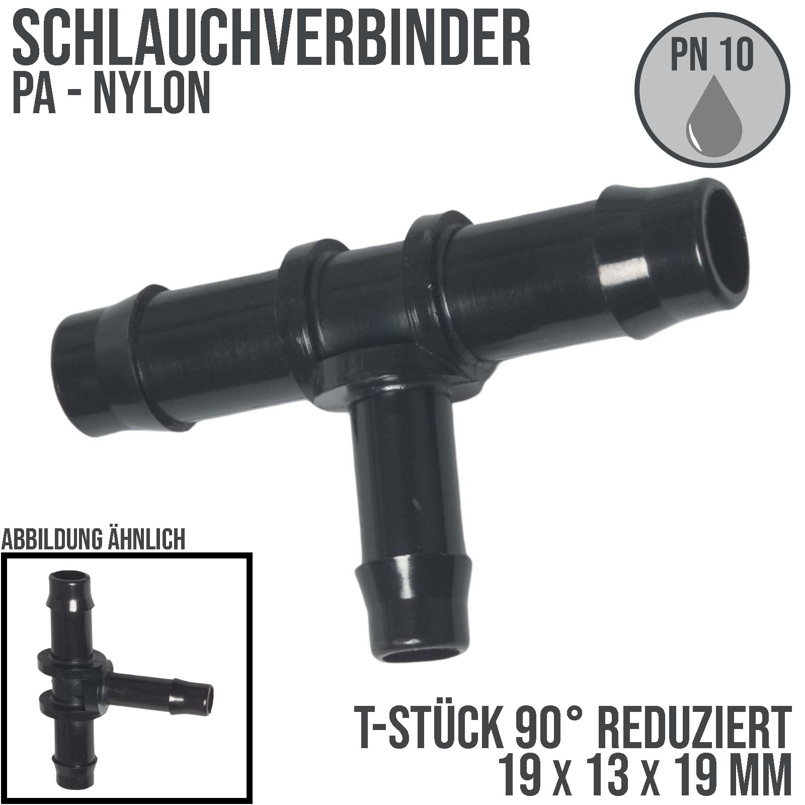 19 x 13 x 19 mm PA Nylon T-Stück Schlauch Verbinder Stutzen Doppel Tülle Kupplung Fitting WF schwarz PN 10 bar