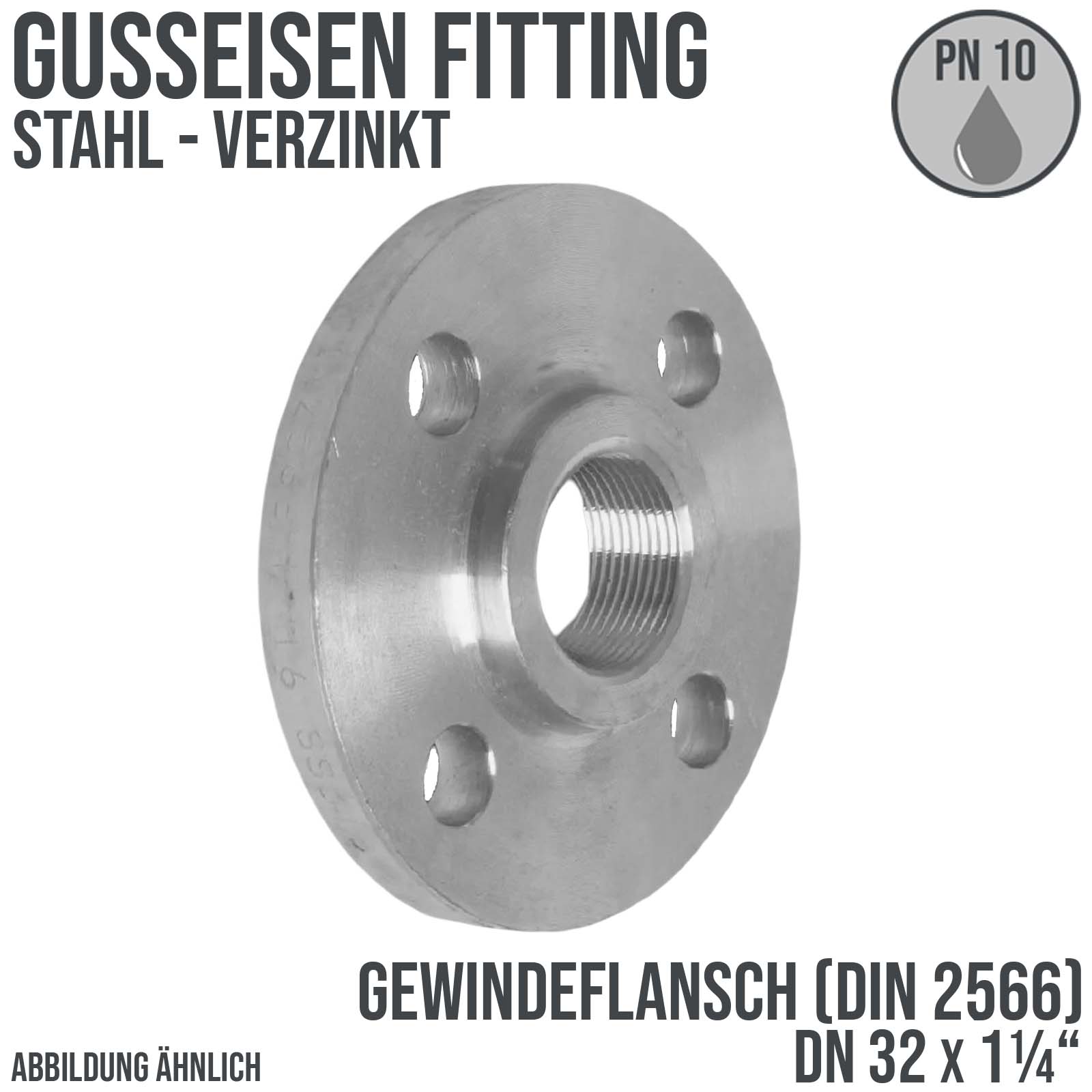 DN 32 x 1 1/4" Gusseisen Fitting Gewindeflansch verzinkt Innengewinde DIN 2566 - PN 10 bar
