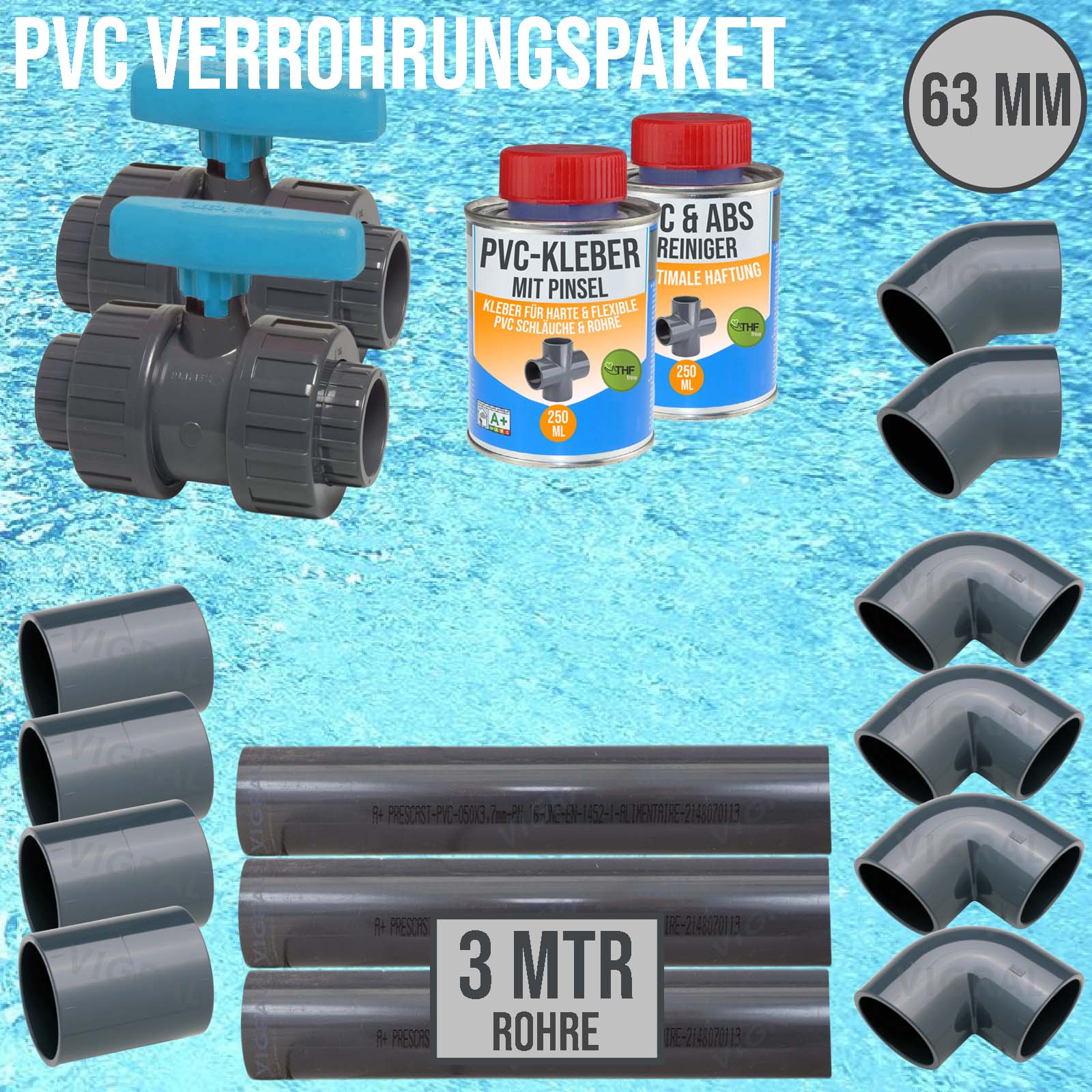63 mm PVC Klebe Fittings Verrohrungspaket Pool Schwimmbad Schlauch Rohr FEST - 3 m - blau