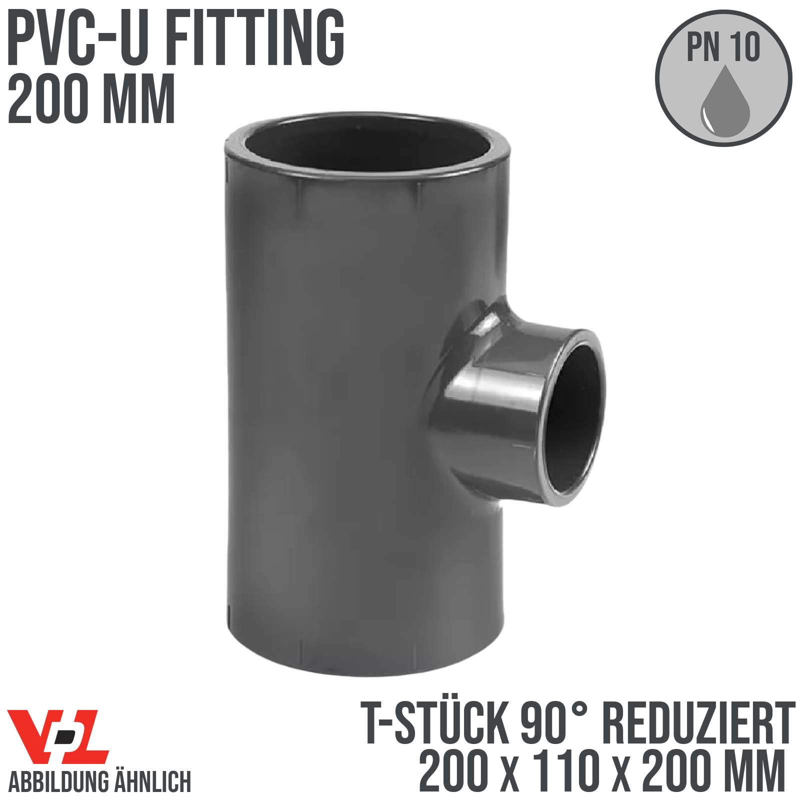 200 x 110 x 200 mm VDL PVC Klebe Fitting T-Stück 90° Winkel reduziert Muffe Verbinder - PN 10 bar