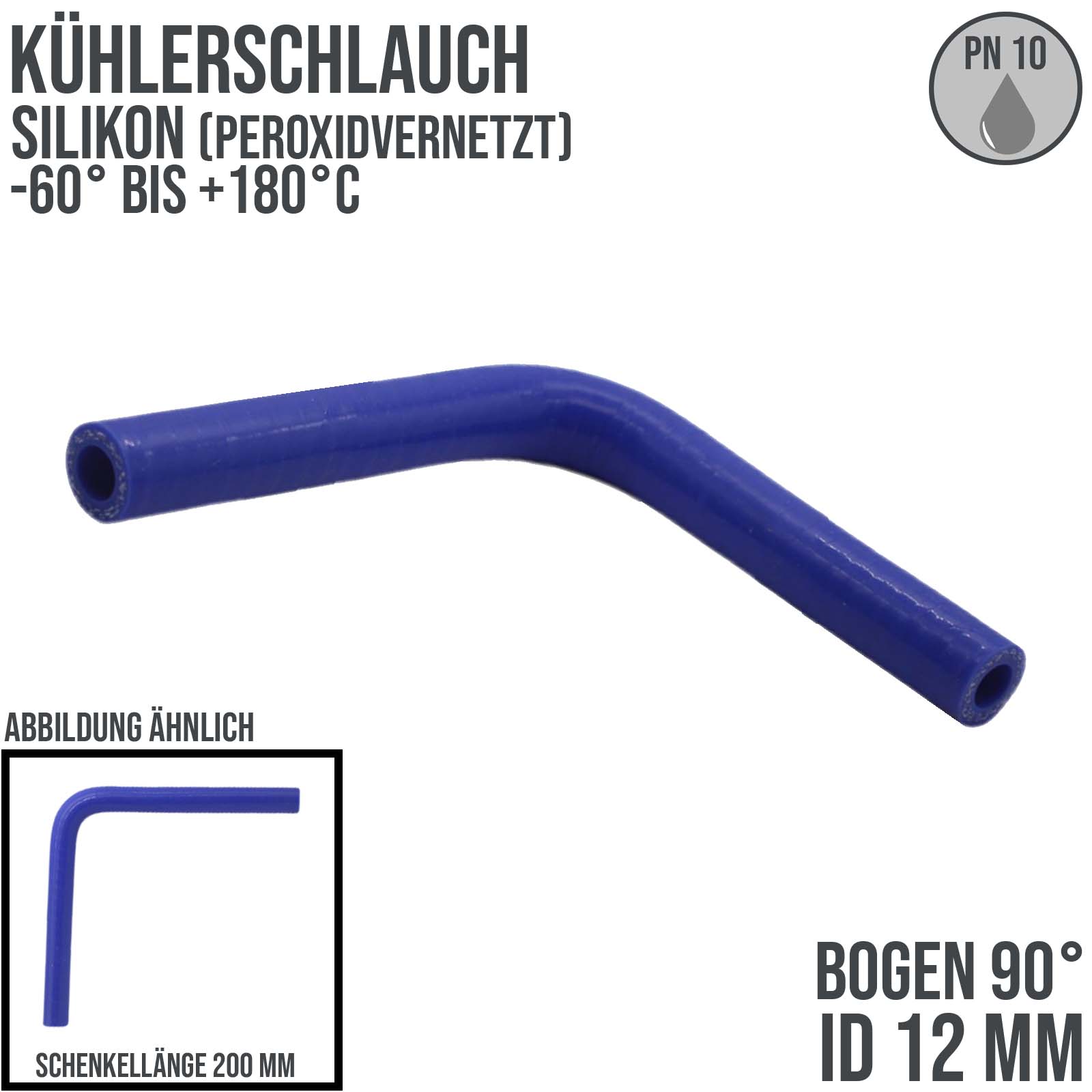 12 x 20 mm Kühlerschlauch Silikon Bogen 90° LLK Ladeluft Kühlmittel Schlauch blau (10 bar) - 200mm