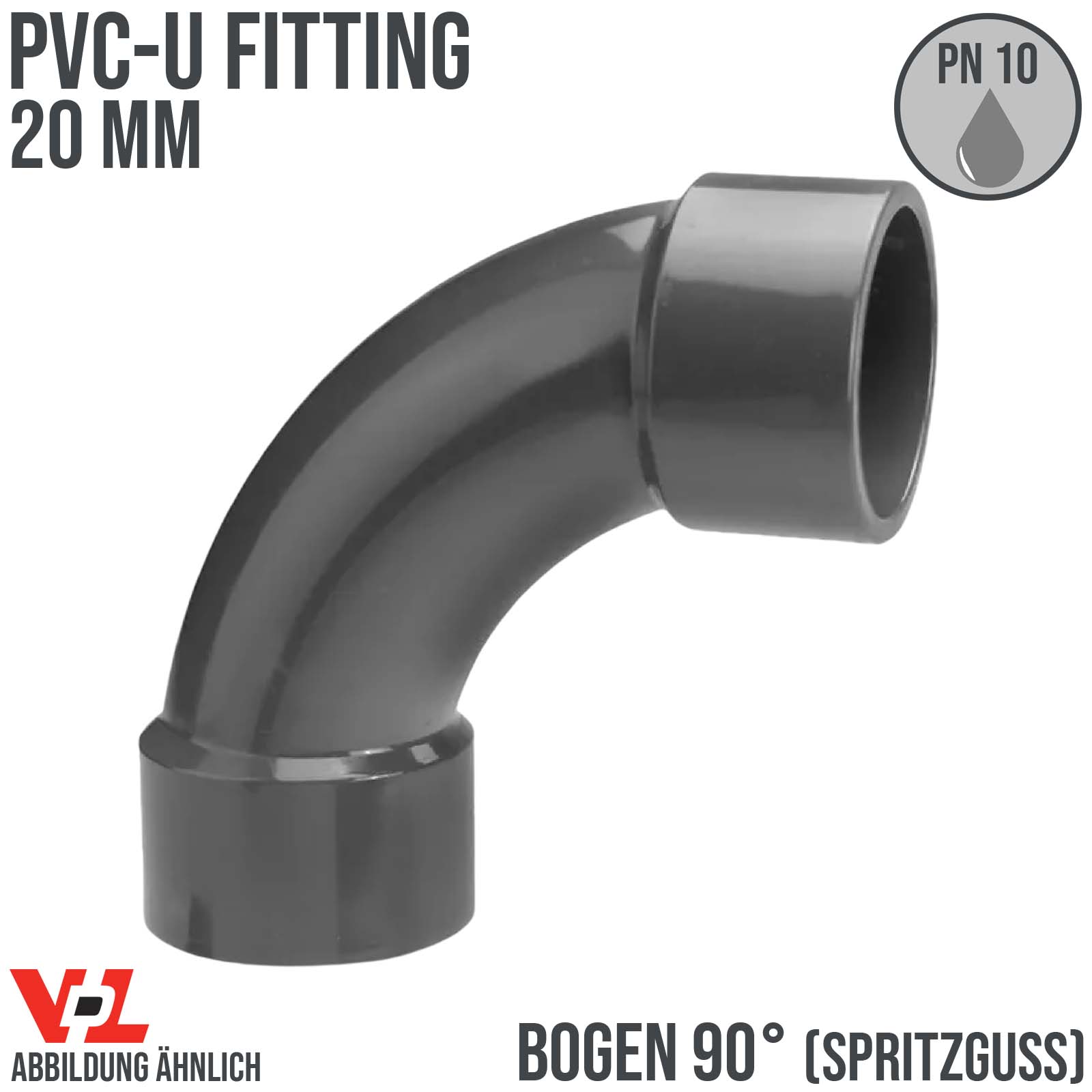 20 mm VDL PVC Klebe Fitting Bogen Winkel 90° (Spritzguss) Muffe Verbinder - PN 16 bar