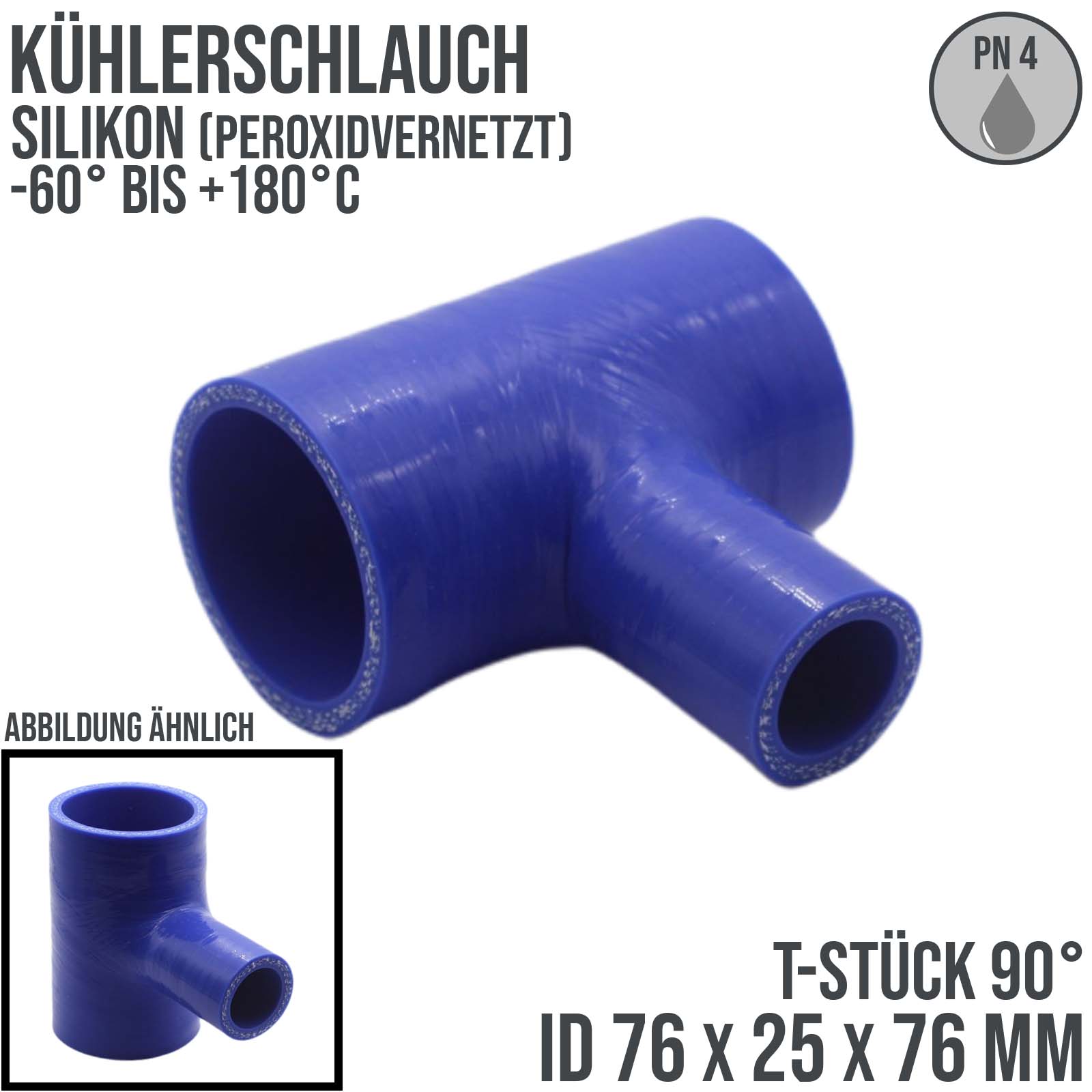 76 x 25 mm Kühlerschlauch T-Stück 90° Grad LLK Silikon Bogen Krümmer Verbinder Tülle Schlauch blau - Korpus 100 mm