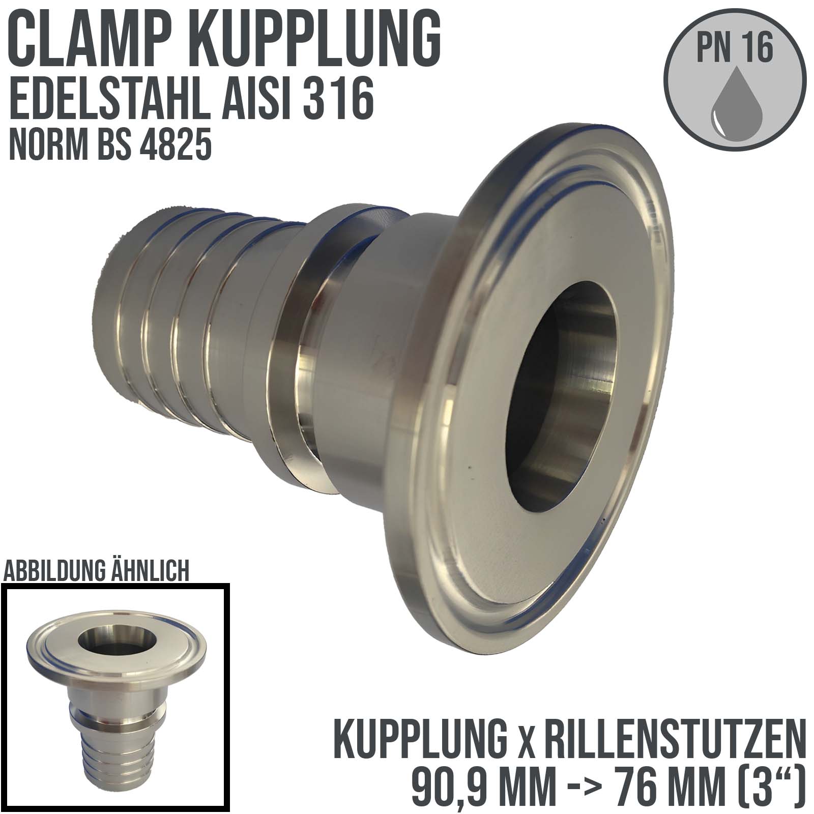 CLAMP Kupplung 90,9 mm Schlauch Stutzen Rillen Tülle 76 mm 3" Norm BS 4825 - PN 16 bar