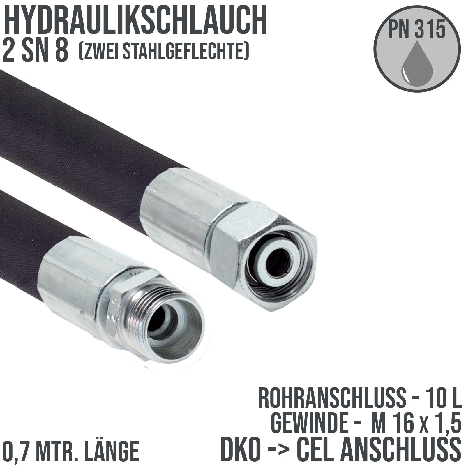 Hydraulikschlauch DN 8 2SN8 - 10 L DKO (IG) auf CEL (AG) Anschluss (M 16 x 1,5) - 700 mm