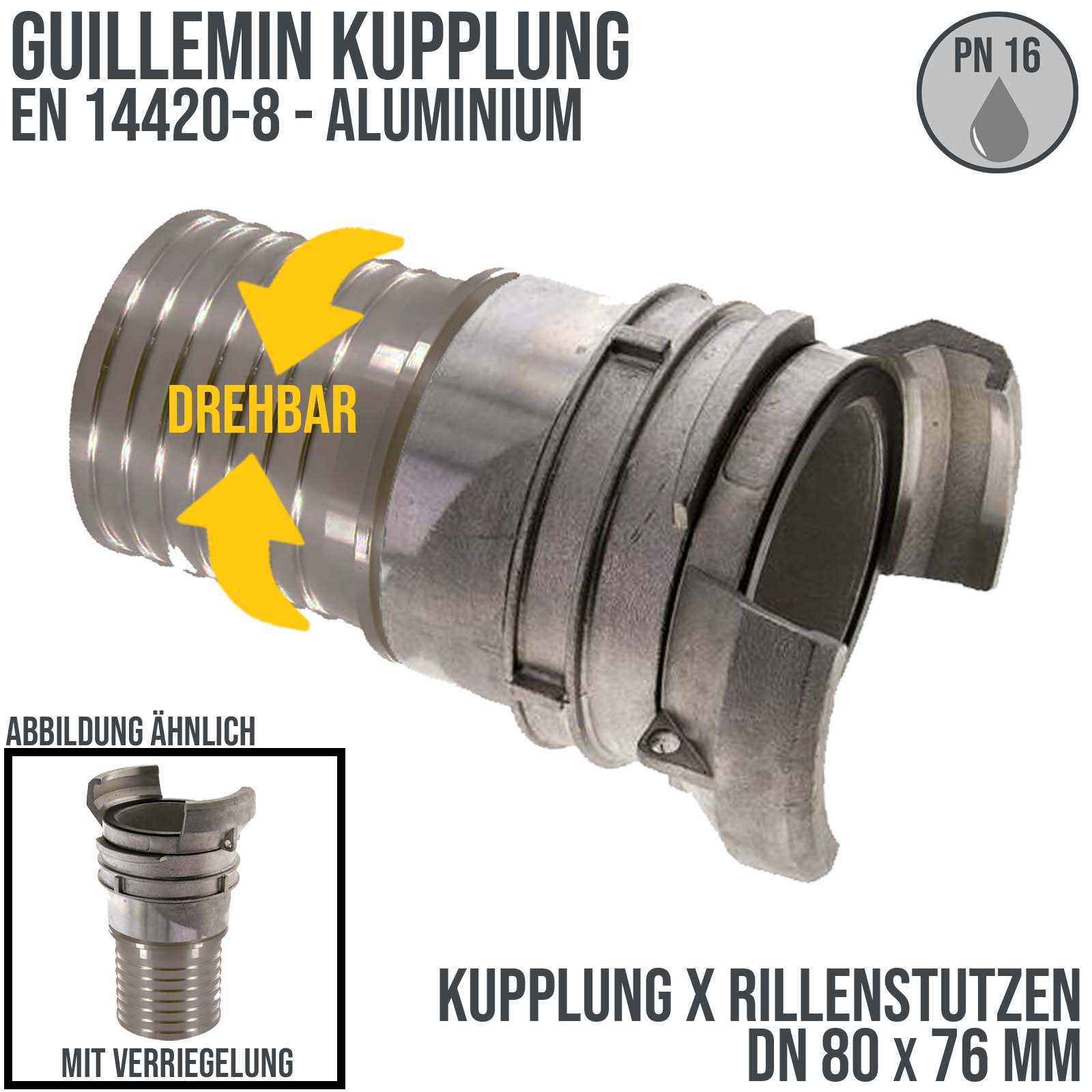 DN 80 Guillemin Kupplung Verriegelung Rillen Stutzen Tülle 76 mm drehbar Sicherungsbund Aluminium - PN 16 bar