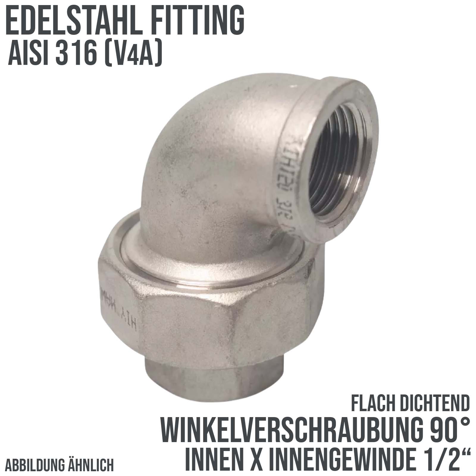 1/2" Edelstahl Fitting V4A AISI 316 Winkelverschraubung 90° Innen x Innengewinde IG flach dichtend - PN 16 bar