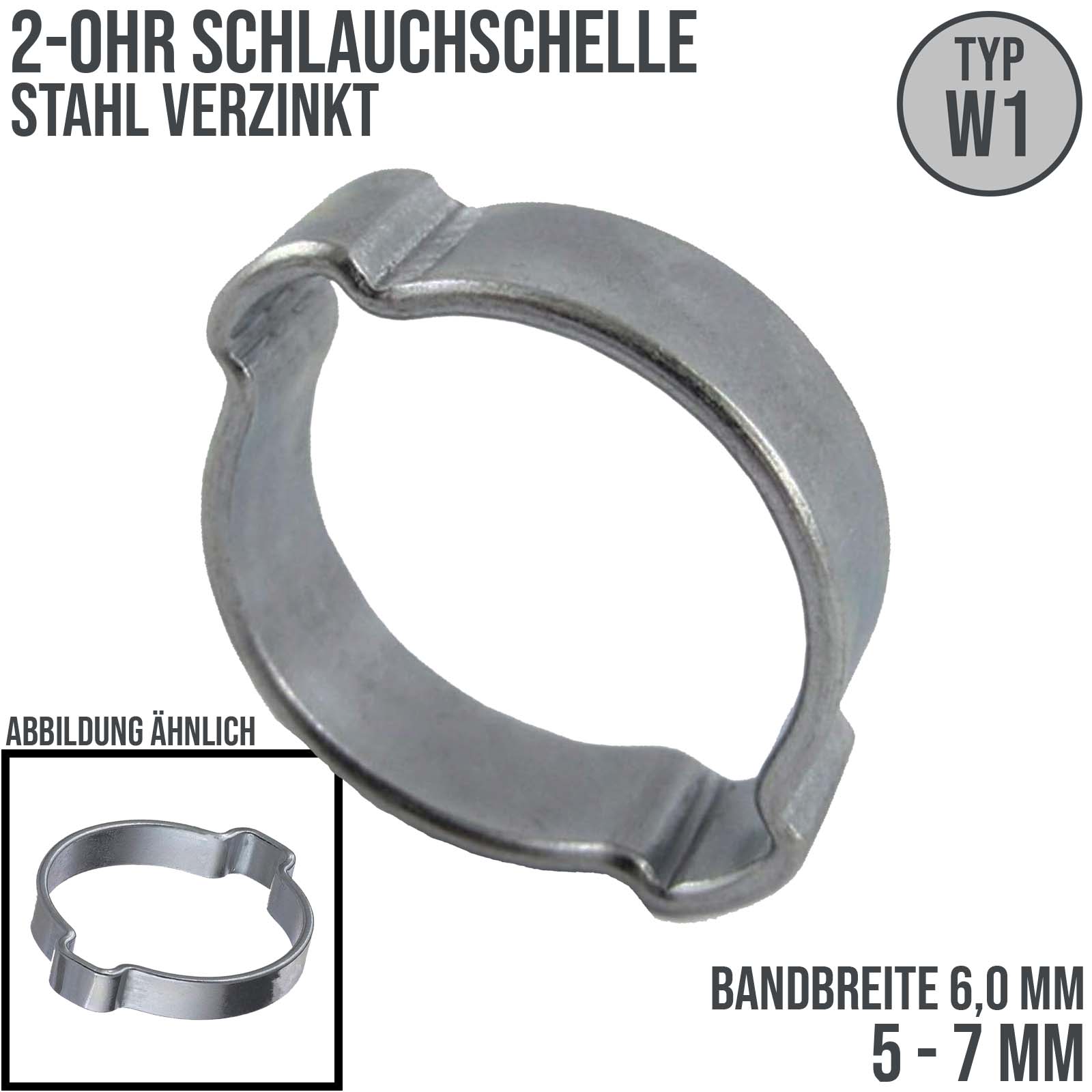 5 - 7 mm 2-Ohr Doppel Schlauch Schelle Stahl verzinkt W1 - Bandbr. 6,0 mm