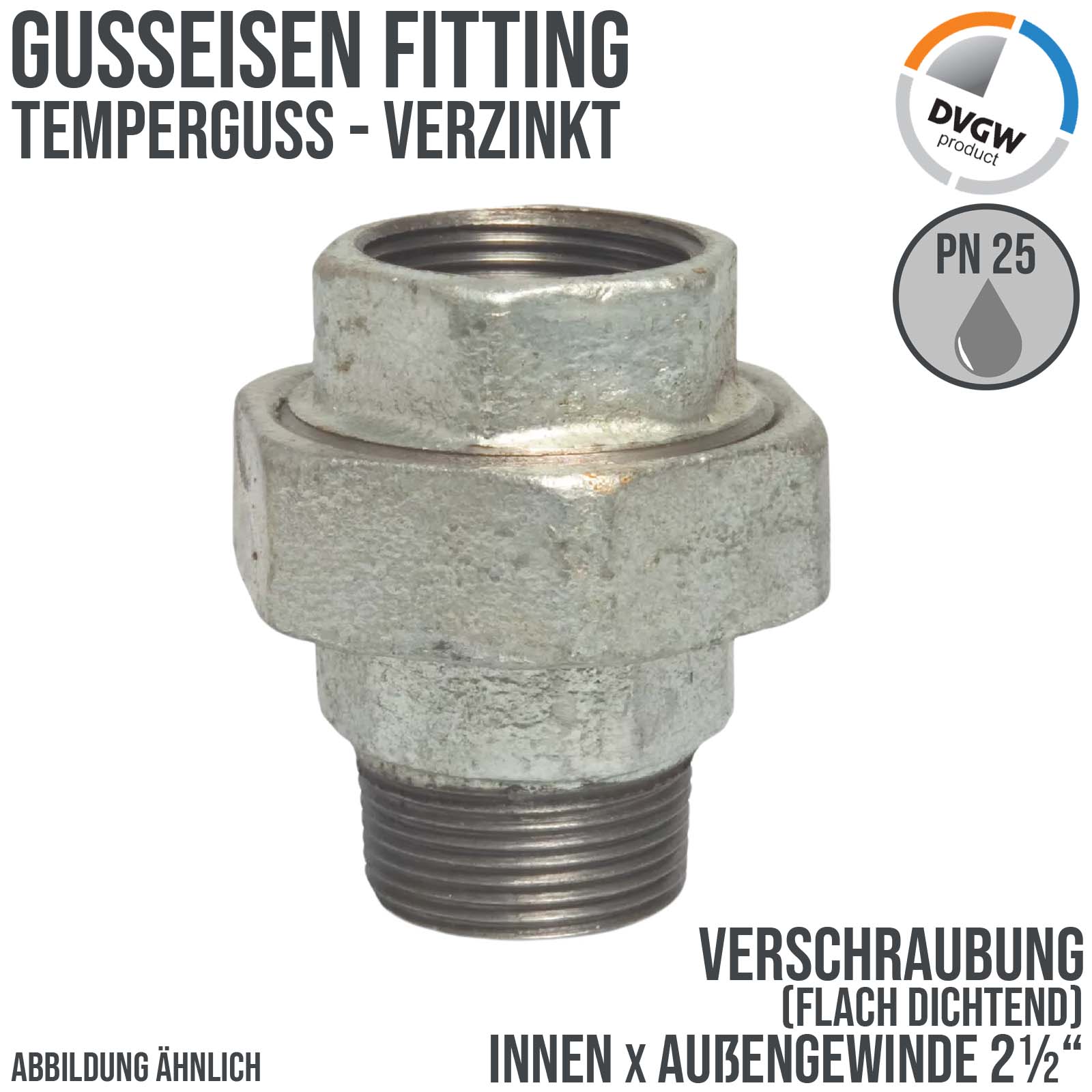 2 1/2" Gusseisen Temperguss Fitting Verschraubung Innen x Außengewinde IG x AG DVGW PN 25 bar