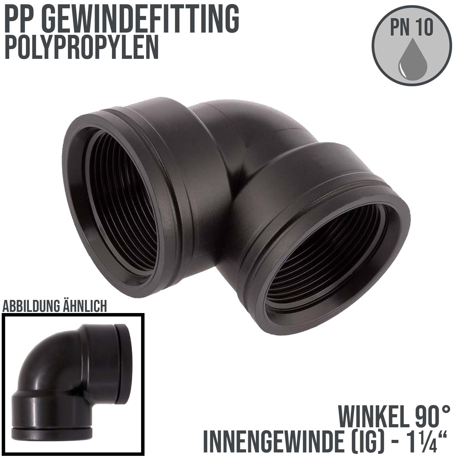 1 1/4 " PP Gewinde Fitting Winkel 90° schwarz Innen x Innengewinde IG Polypropylen - PN 10 bar
