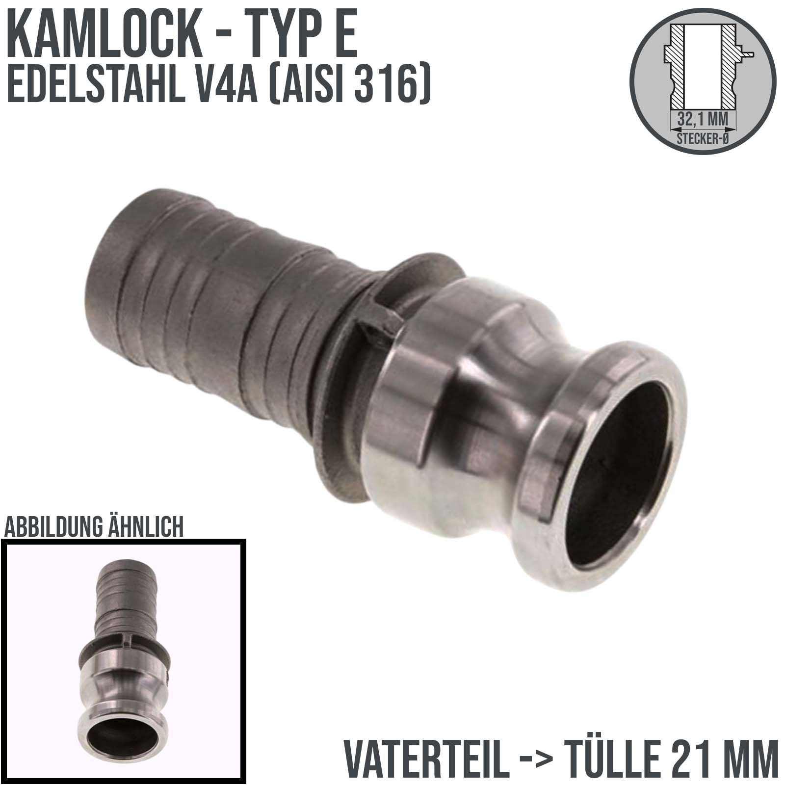 Kamlock Typ E - Vaterteil Edelstahl V4A (AISI 316) - 32,1 mm Stecker  -> Tülle 21 mm 3/4" Zoll DN19 DN20 - PN 17 bar