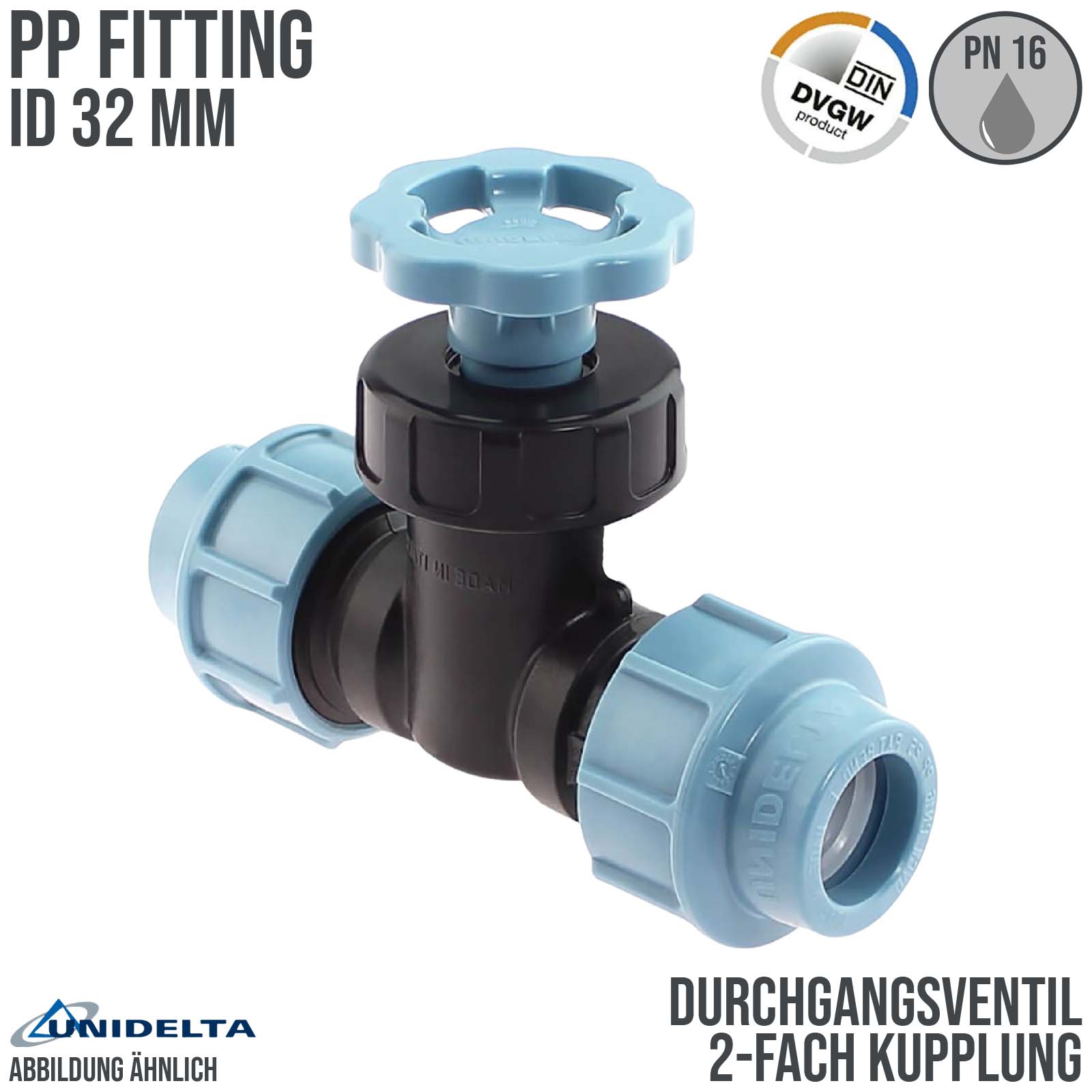 32 mm PE PP Durchgangsventil 2-fach Klemm Muffe Kupplung PN 16 bar DVGW KIWA WRAS Unidelta