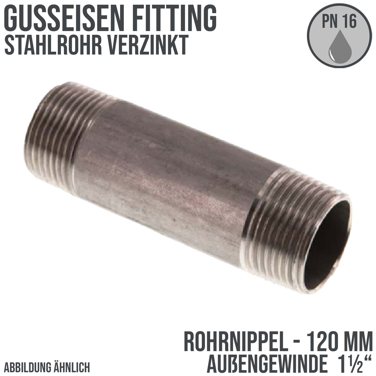 1 1/2" Rohrnippel Stahl verzinkt 120 mm Außen x Außengewinde AG Fittings - PN 16 bar