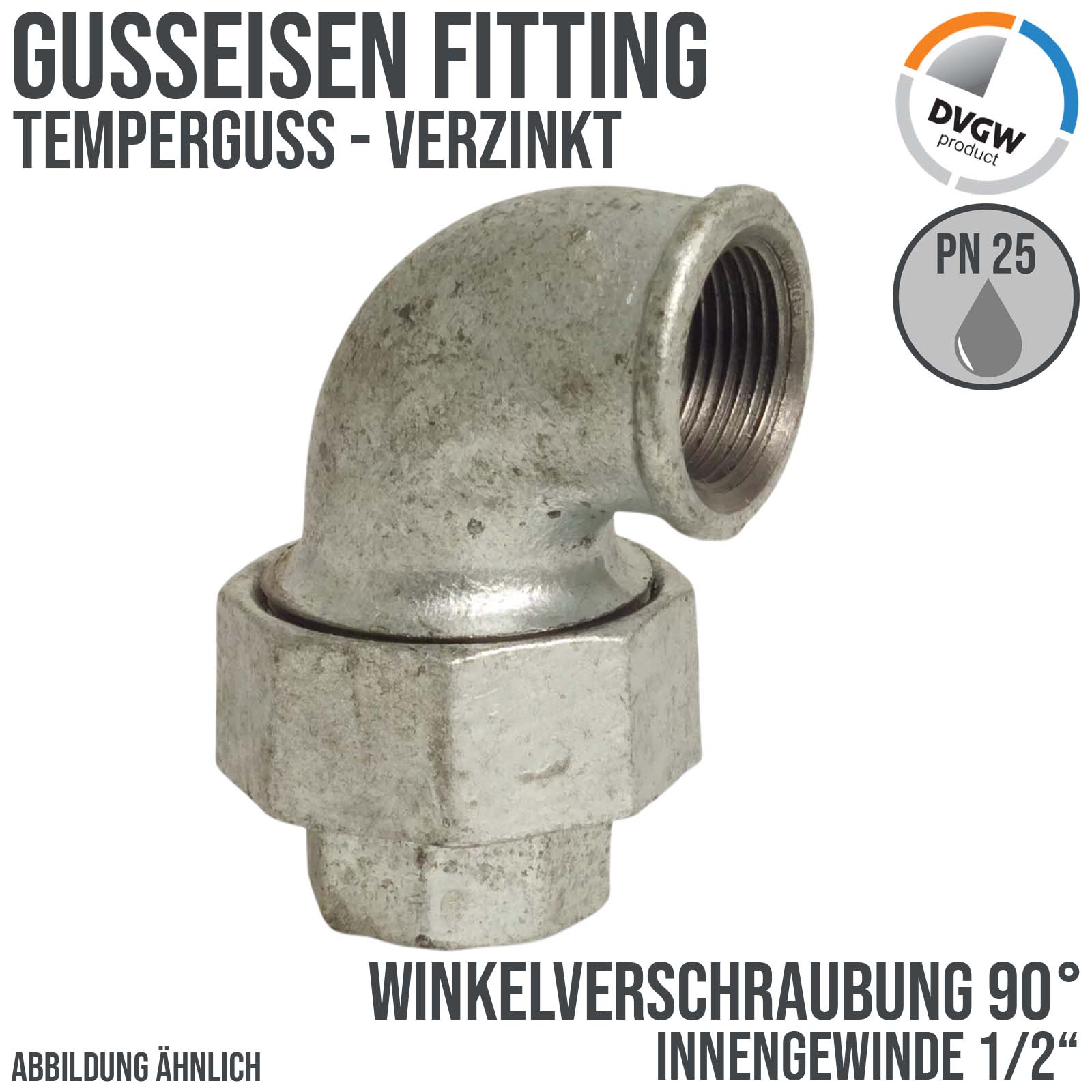 1/2" Gusseisen Temperguss Fitting Winkelverschraubung 90° Innengewinde IG DVGW PN 25 bar