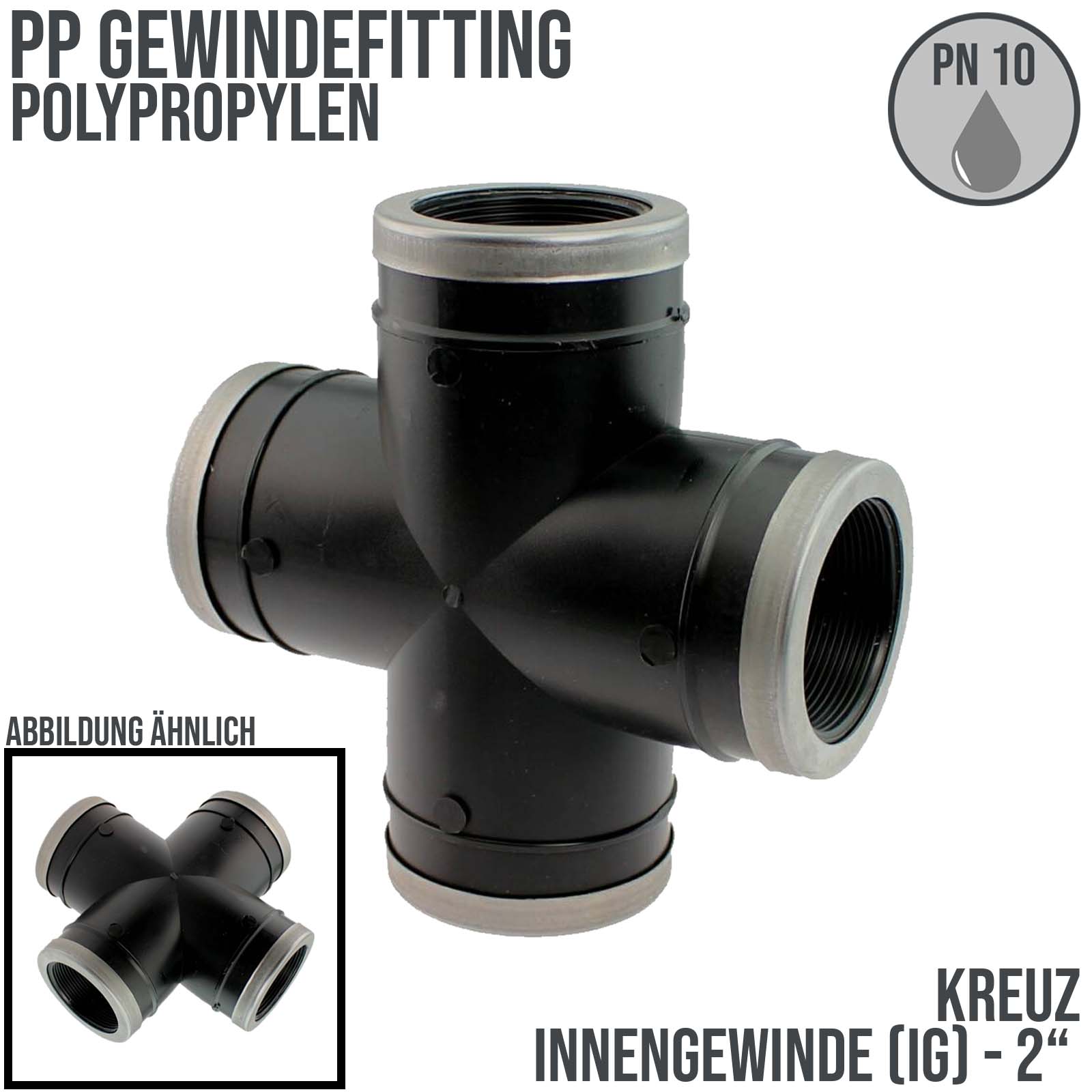 2 " PP Gewinde Fitting Kreuz schwarz Innen x Innengewinde IG Polypropylen - PN 10 bar