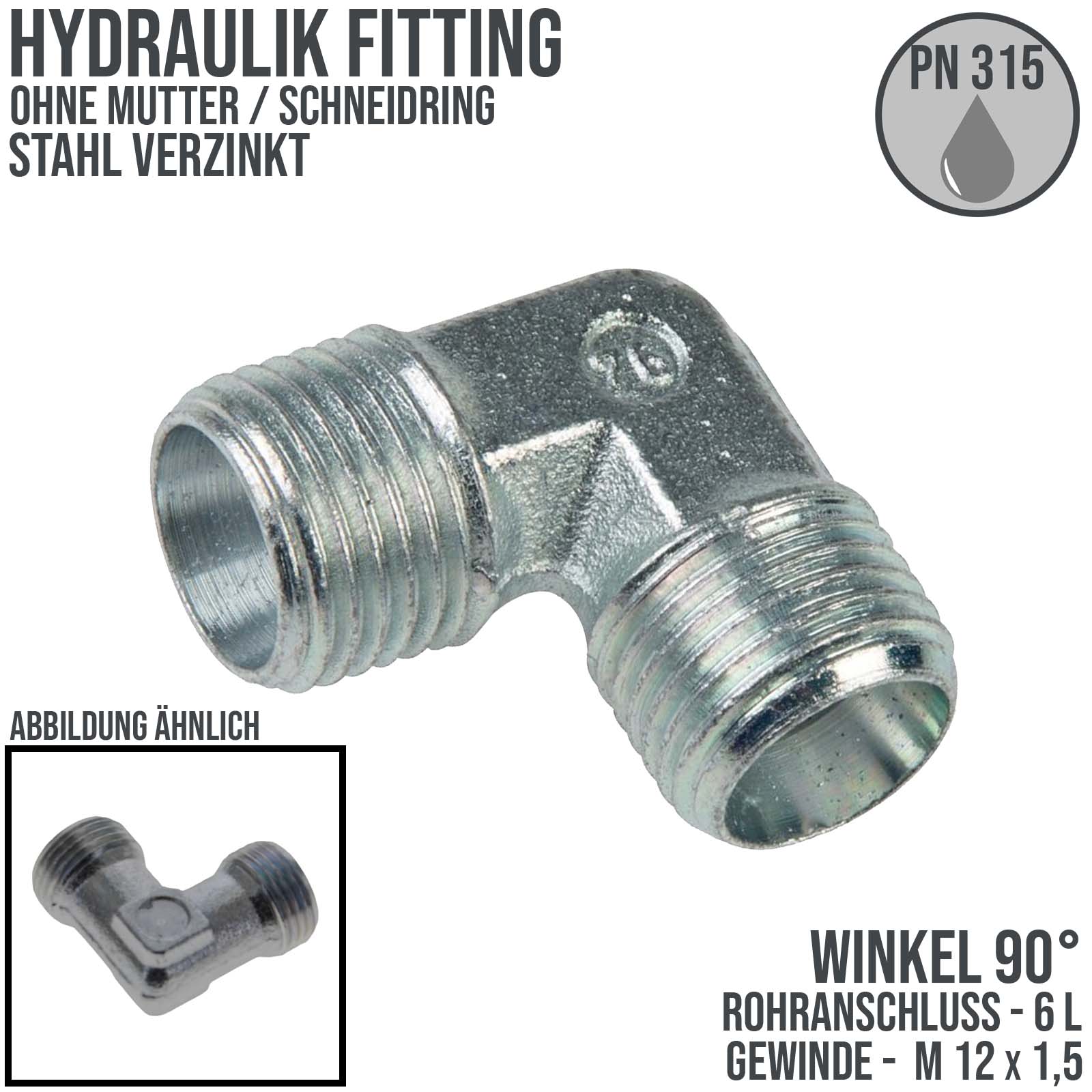 Hydraulik Verschraubung Winkel 90° 6 L  (M 12 x1,5) ohne Mutter / Schneidring