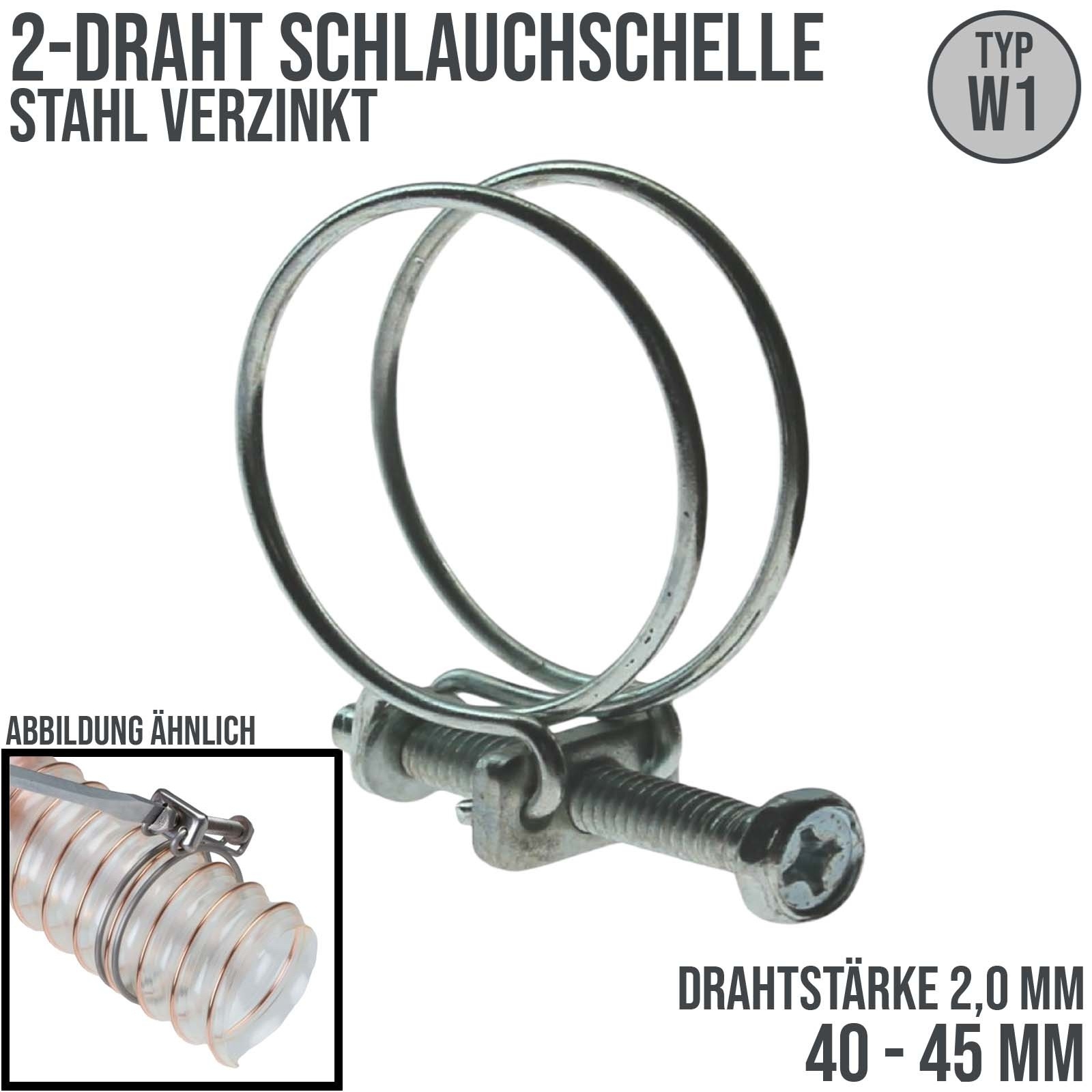 40 - 45 mm 2-Draht Schlauch Schelle W1 Stahl verzinkt Schraube M6 x 40 Draht 2,0 mm