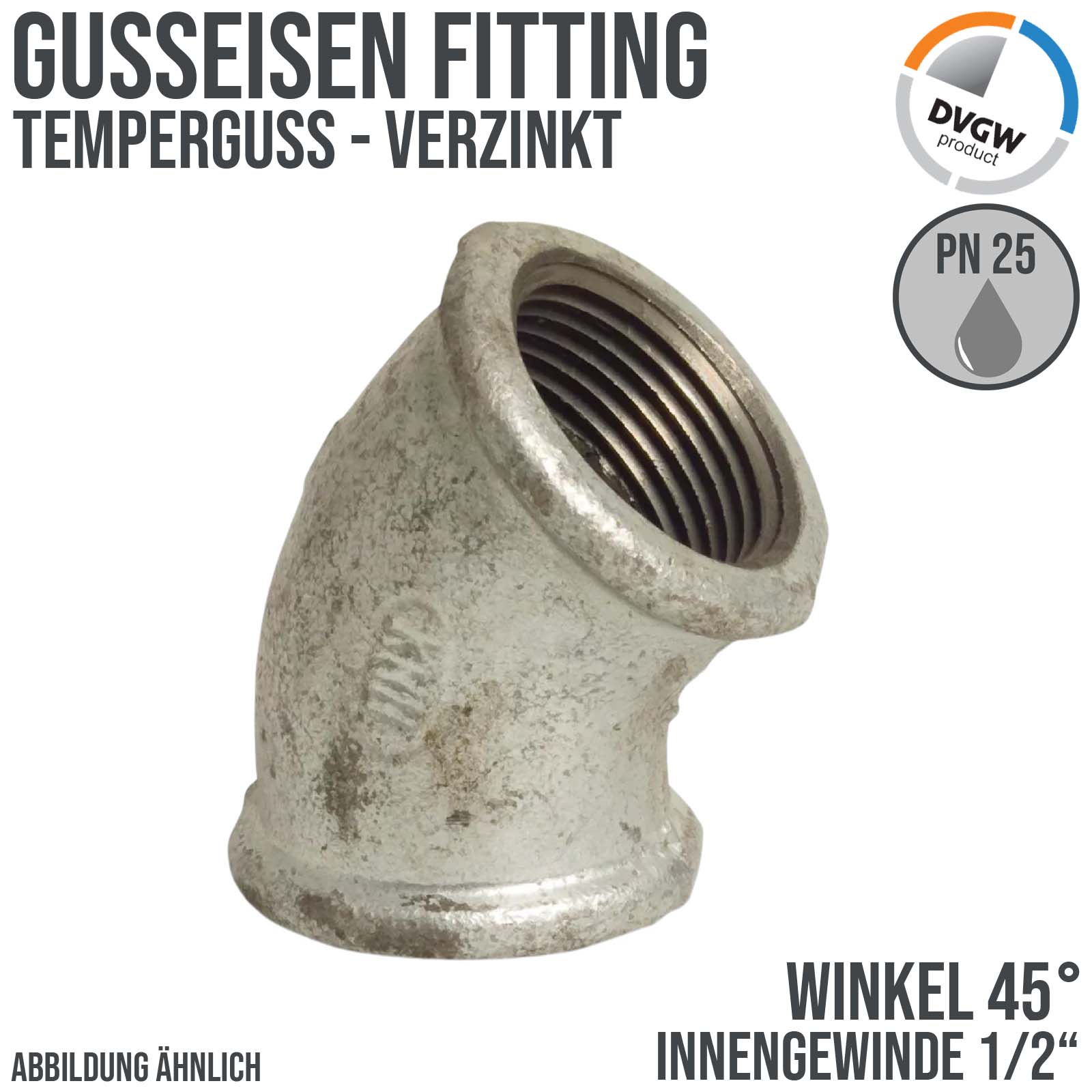 1/2" Gusseisen Temperguss Fitting Winkel 45° Innengewinde IG DVGW PN 25 bar