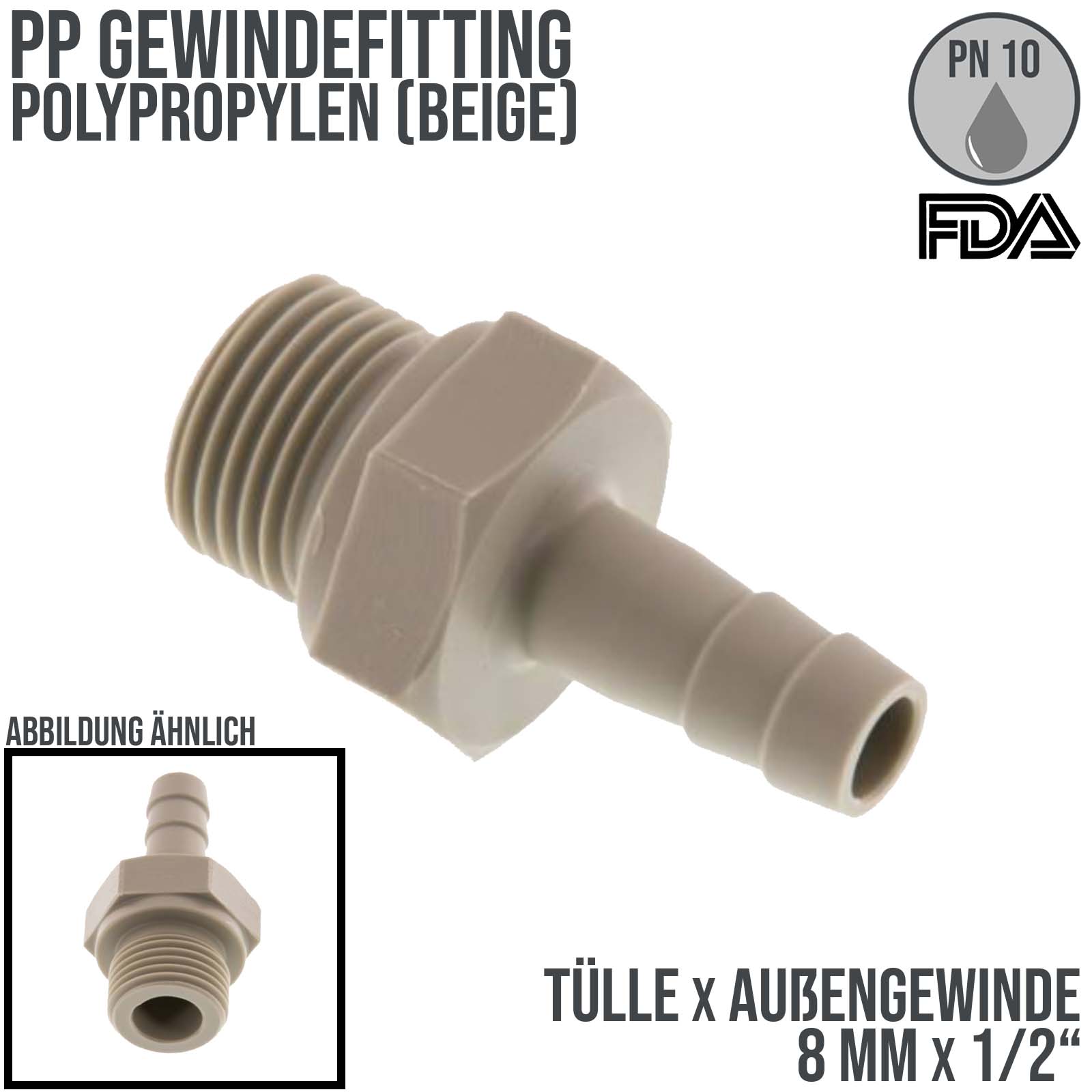 PP Gewindefitting (FDA)| Schlauchtülle x AG -  8mm x 1/2" [PN10]