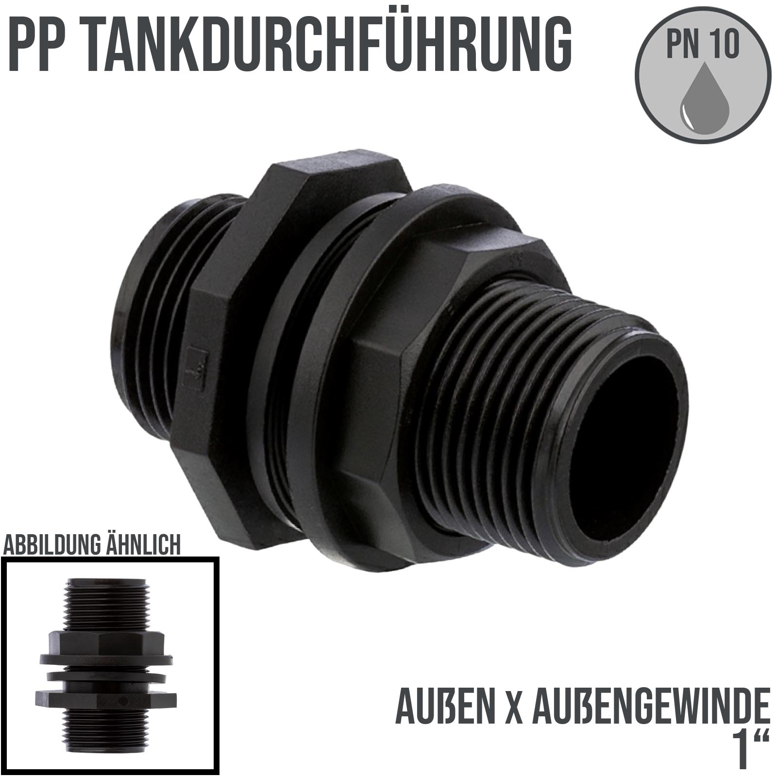 1" PP Tank Regen Tonnen Durchführung Connector 2-fach Außengewinde  - PN 10 bar