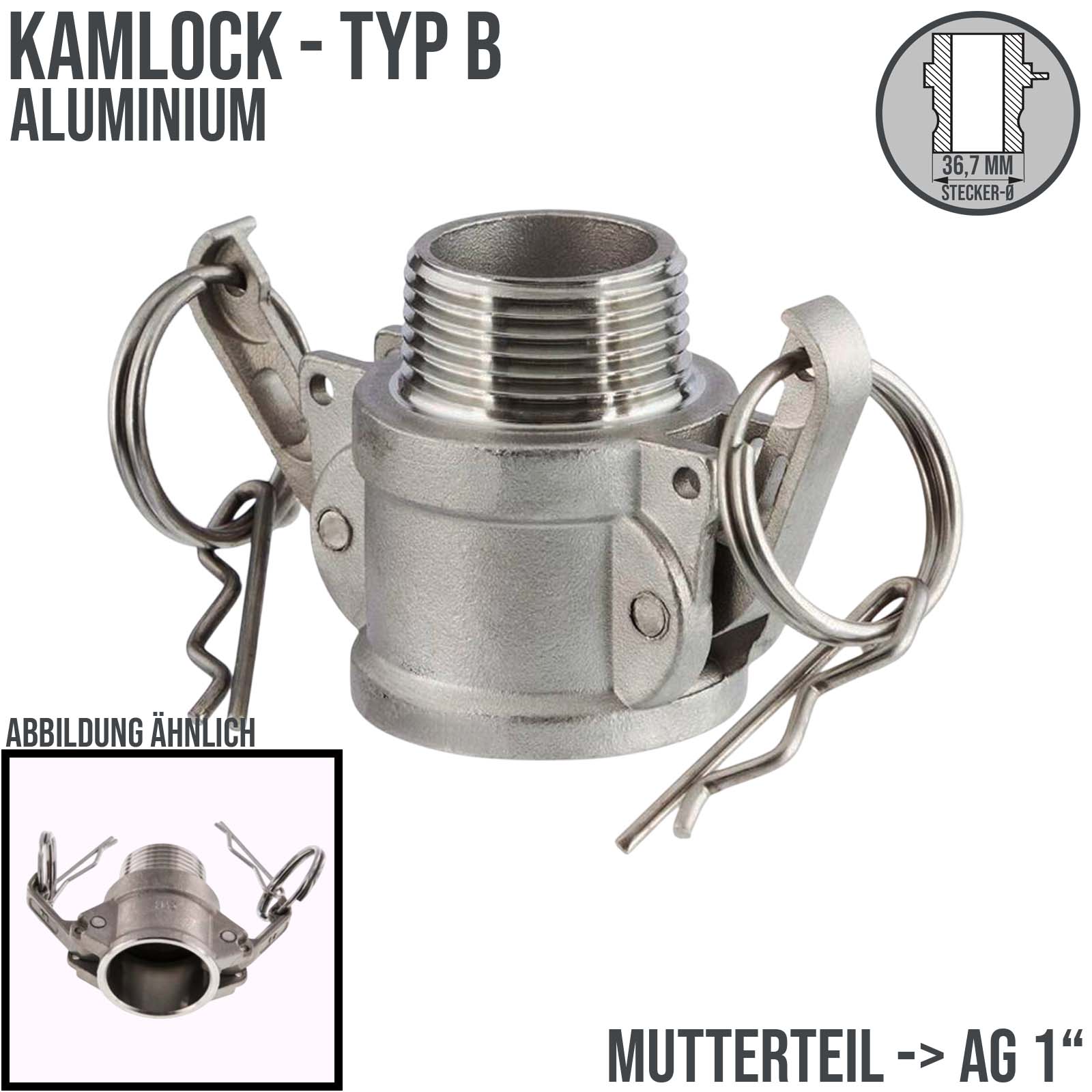 Kamlock Typ B - Mutterteil (36,7 mm) Aluminium ALU mit Außengewinde (AG) 1" Zoll DN25 - PN 10 bar