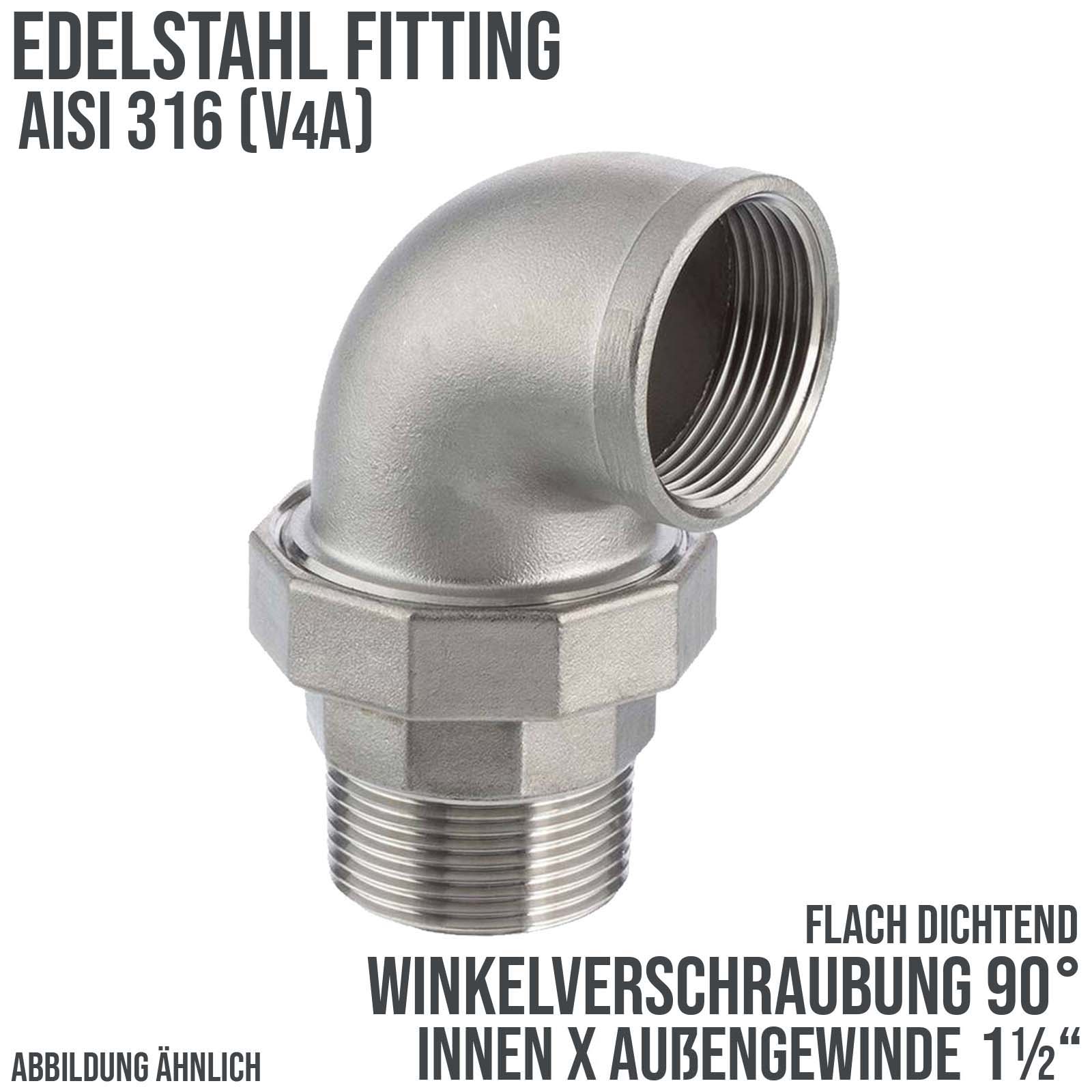 1 1/2" Edelstahl Fitting V4A AISI 316 Winkelverschraubung 90° Innen x Außengewinde IG x AG flach dichtend - PN 16 bar
