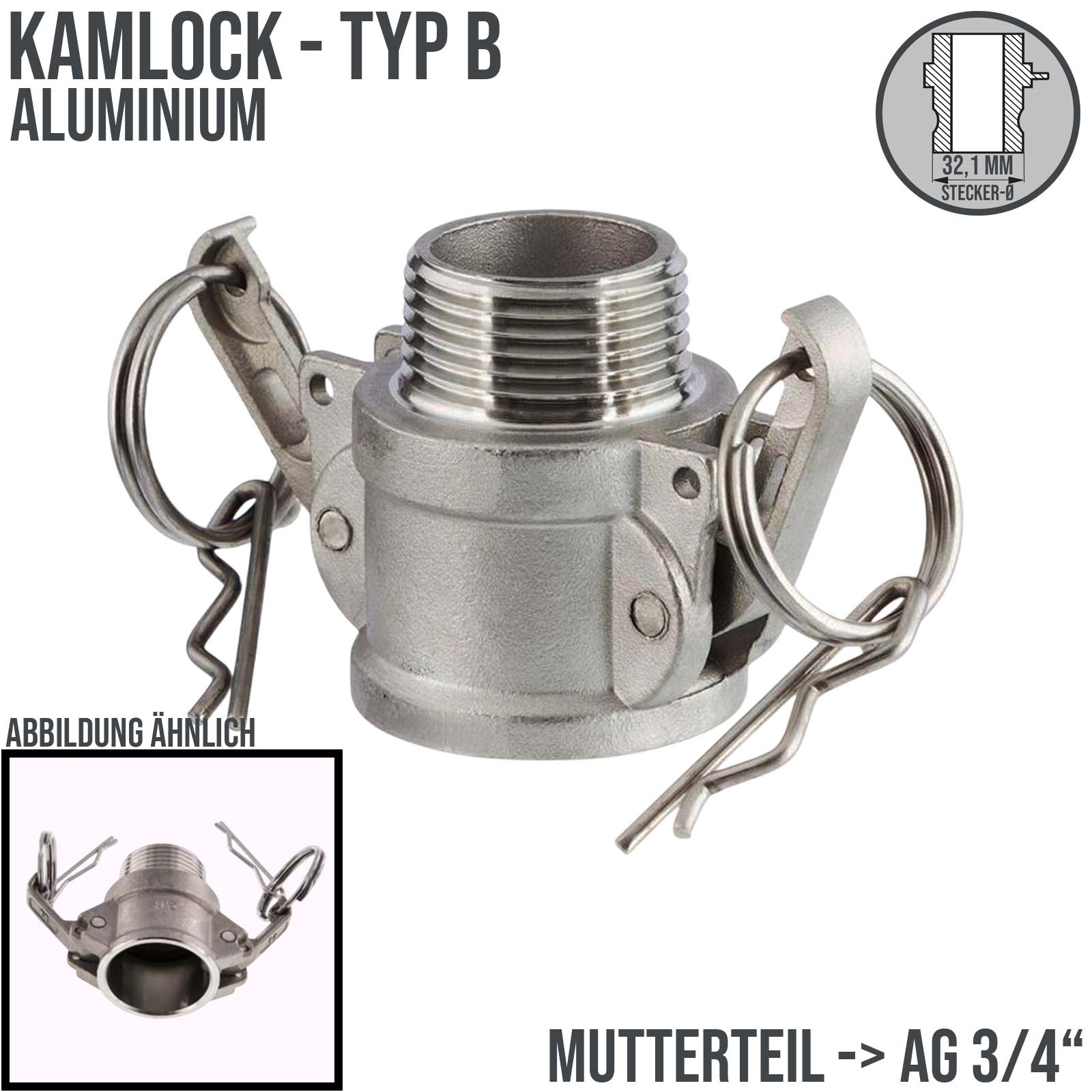 Kamlock Typ B - Mutterteil (32,1 mm) Aluminium ALU mit Außengewinde (AG) 3/4" Zoll DN19 DN20 - PN 17 bar