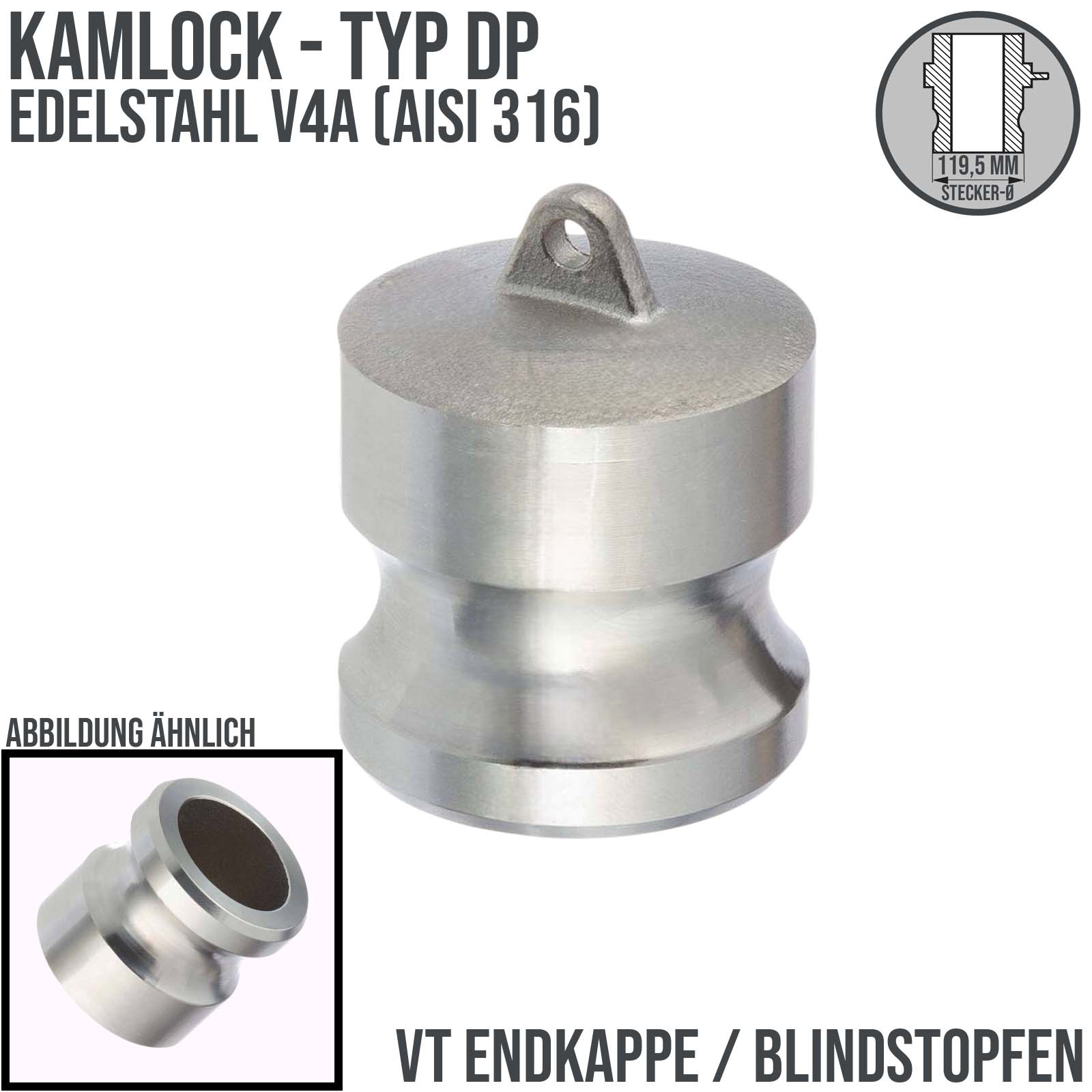 Kamlock Typ DP - Blind Stopfen Edelstahl V4A (AISI 316) Verschluss Kappe 119,5mm - 4" Zoll DN100 - PN 6,5 bar
