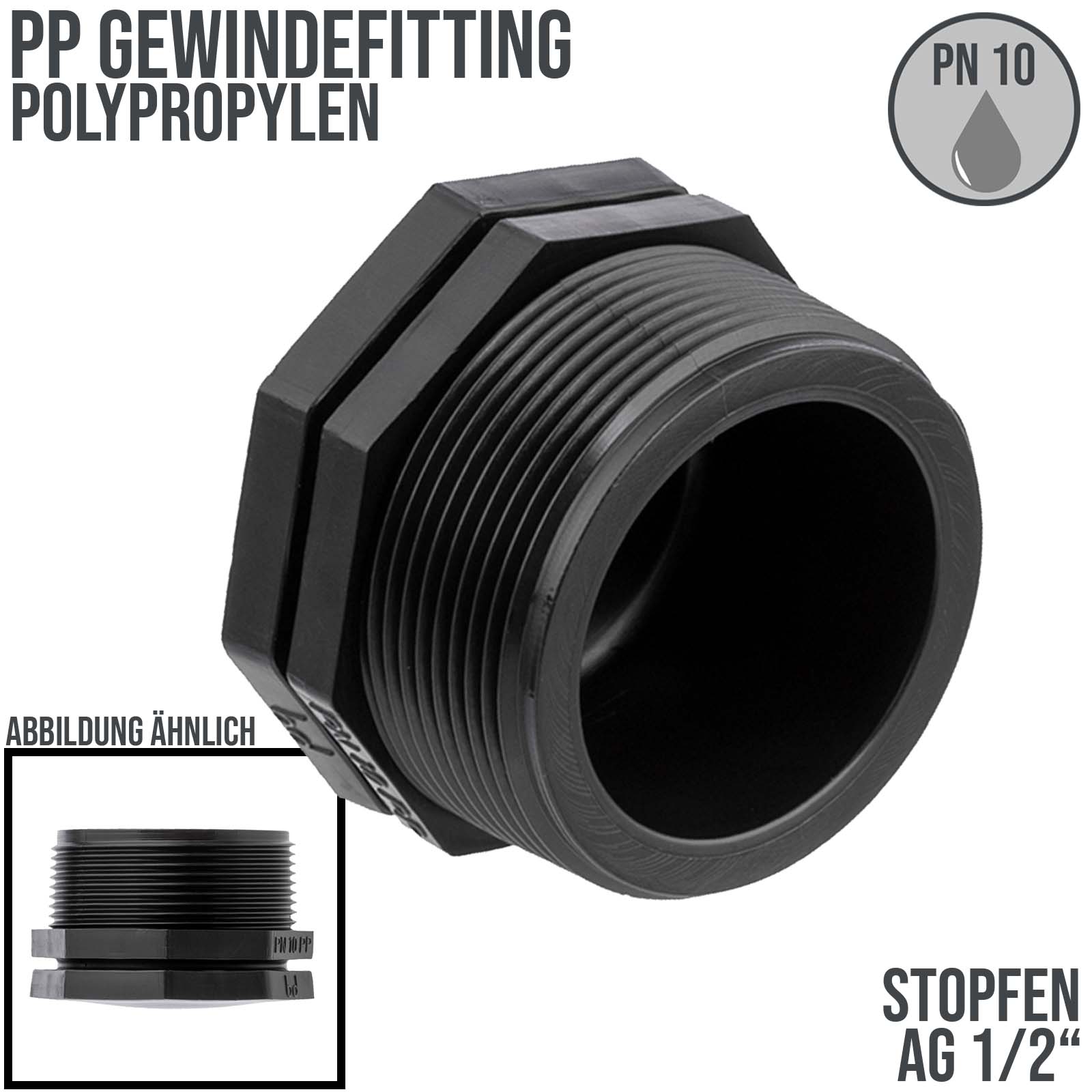 1/2" PP Gewinde Fitting End Stopen schwarz Außengewinde IG Polypropylen - PN 10 bar