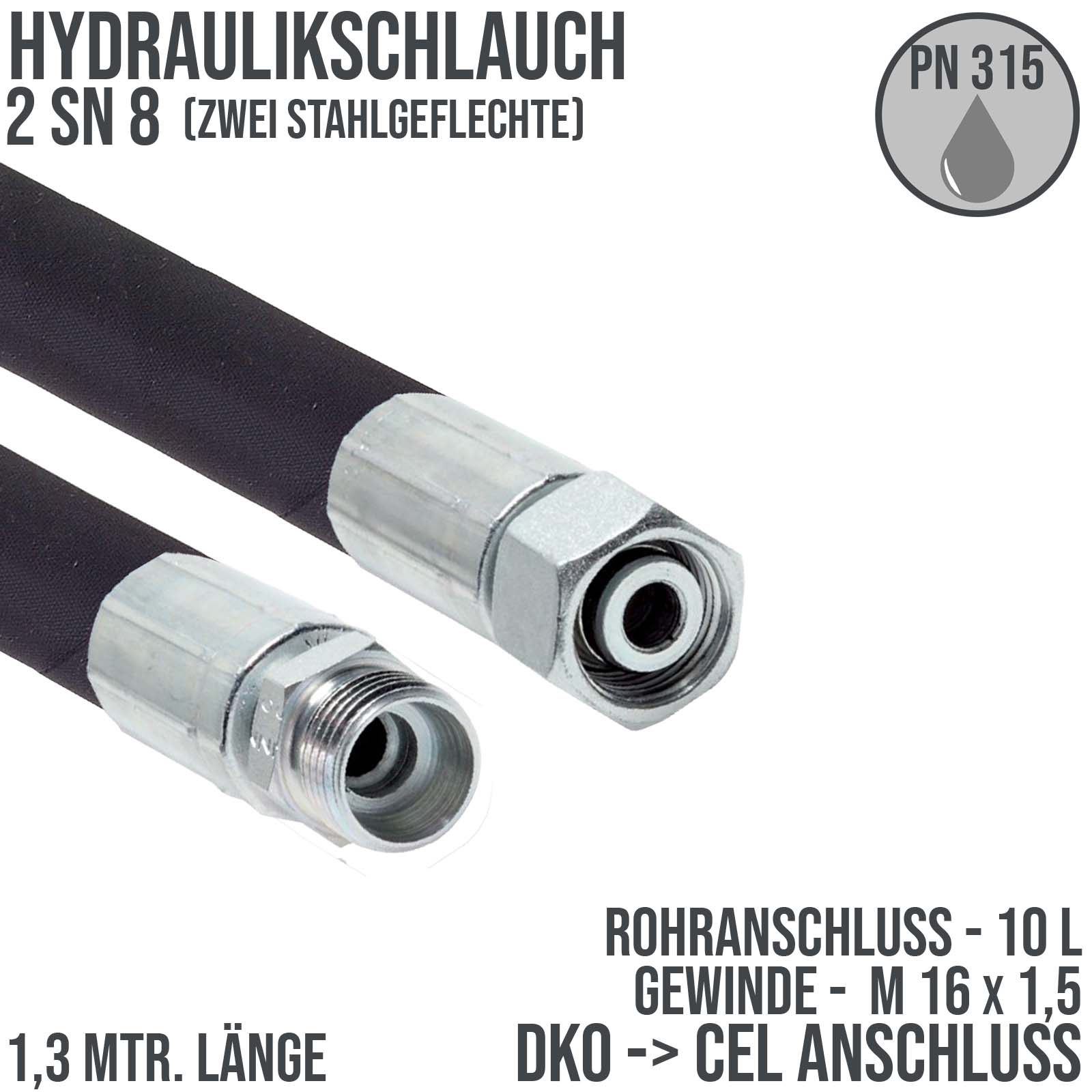 Hydraulikschlauch DN 8 2SN8 - 10 L DKO (IG) auf CEL (AG) Anschluss (M 16 x 1,5) - 1300 mm