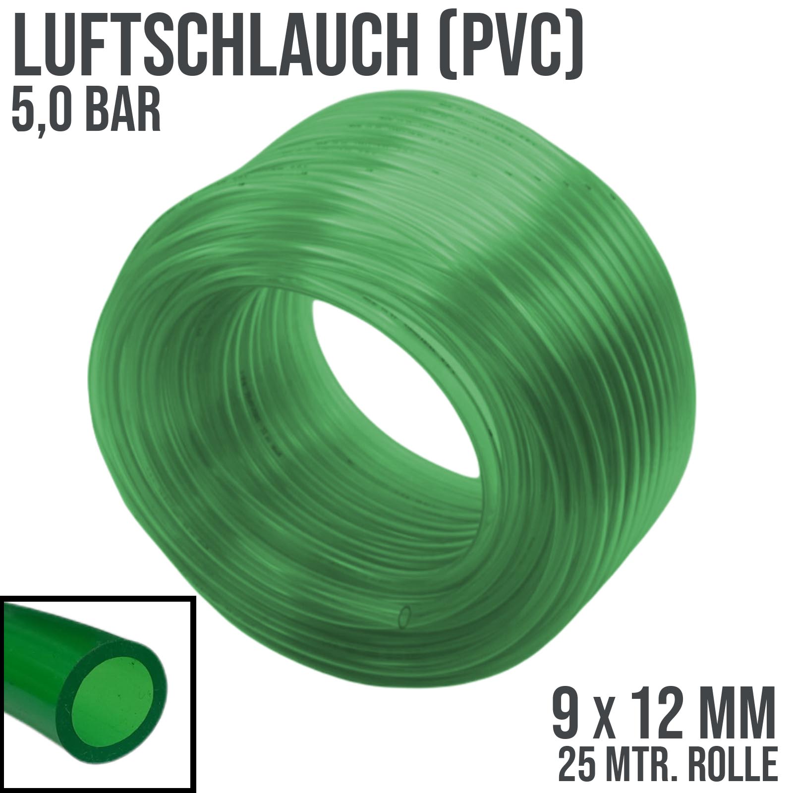 9 x 12 mm PVC Luft Filter Wasser Universal Labor Aquarium Terrarium Schlauch grün transparent - PN 5 bar - 25 m