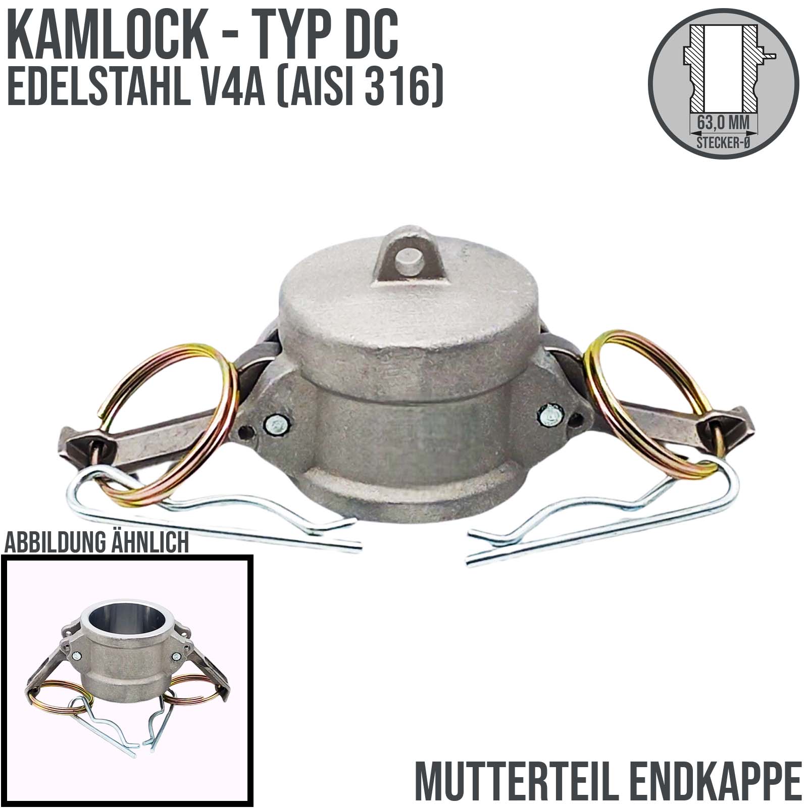 Kamlock Typ DC - End Kappe Edelstahl V2A (AISI 316) Stopfen Verschluss 63,0 mm 2" Zoll DN50 - PN 17 bar