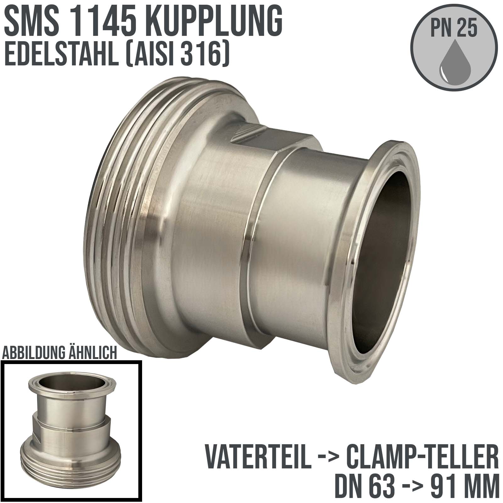 DN 63 SMS Kupplung 1145 Übergang Adapter Vaterteil Außengewinde -> Clamp Teller 91,0 mm - PN 25 bar