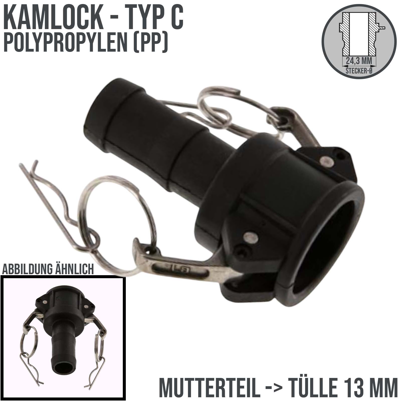 Kamlock Typ C - Mutterteil (24,3 mm) Polypropylen PP -> Tülle 13 mm 1/2" Zoll DN13 DN15 - PN 8,5 bar