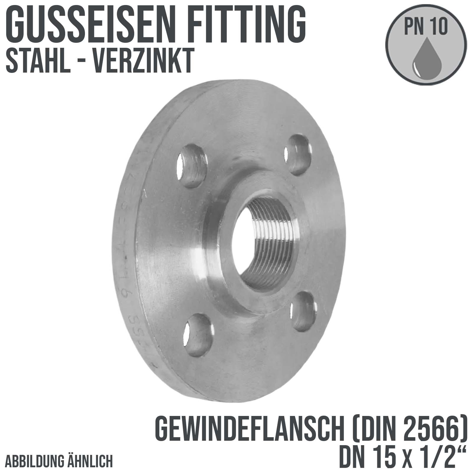 DN 15 x 1/2" Gusseisen Fitting Gewindeflansch verzinkt Innengewinde DIN 2566 - PN 10 bar