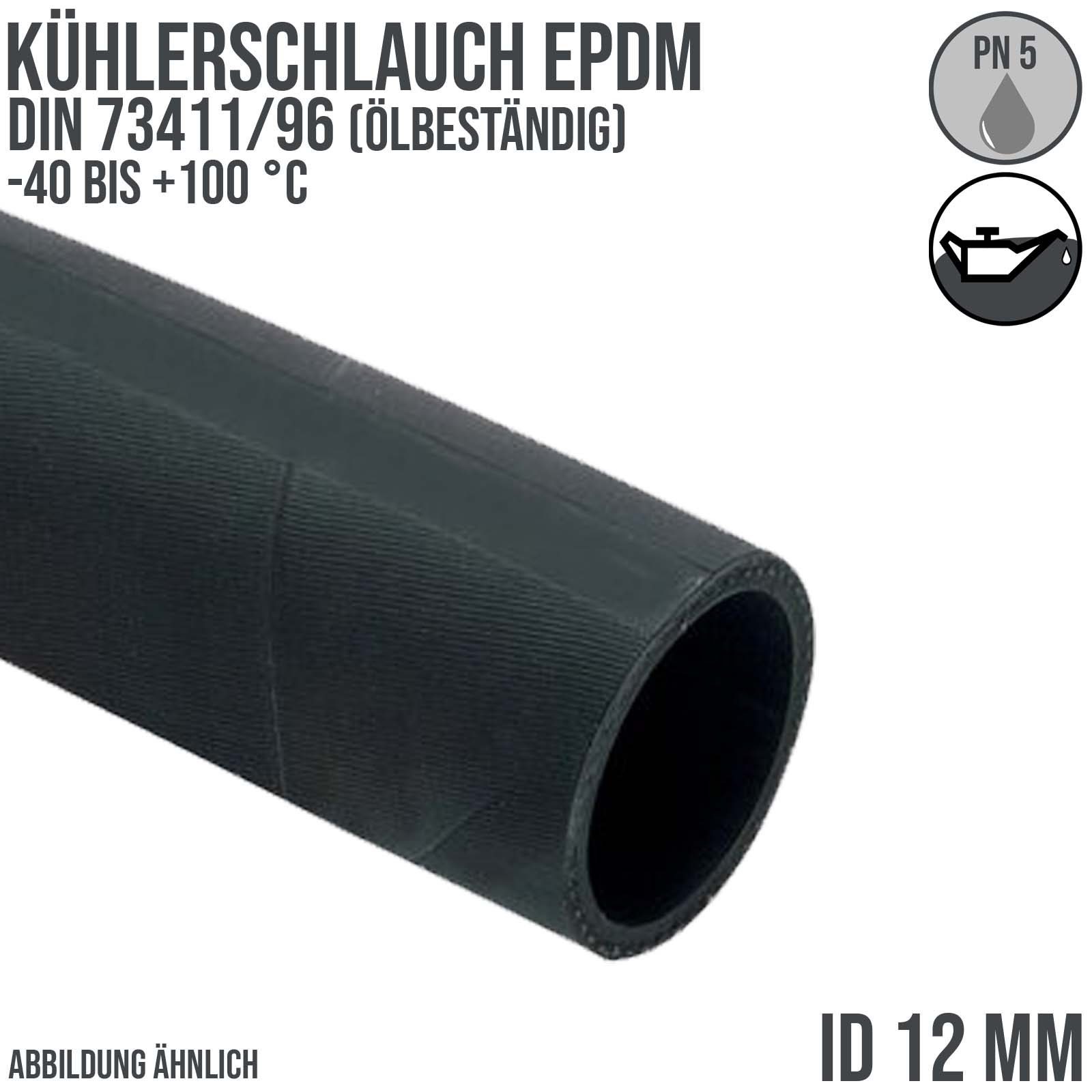 12 x 21 mm Kühler Heißwasser Universal Schlauch NBR/CR ölbeständig (ähnl. DIN73411/96) schwarz - PN 5 bar - 40 m