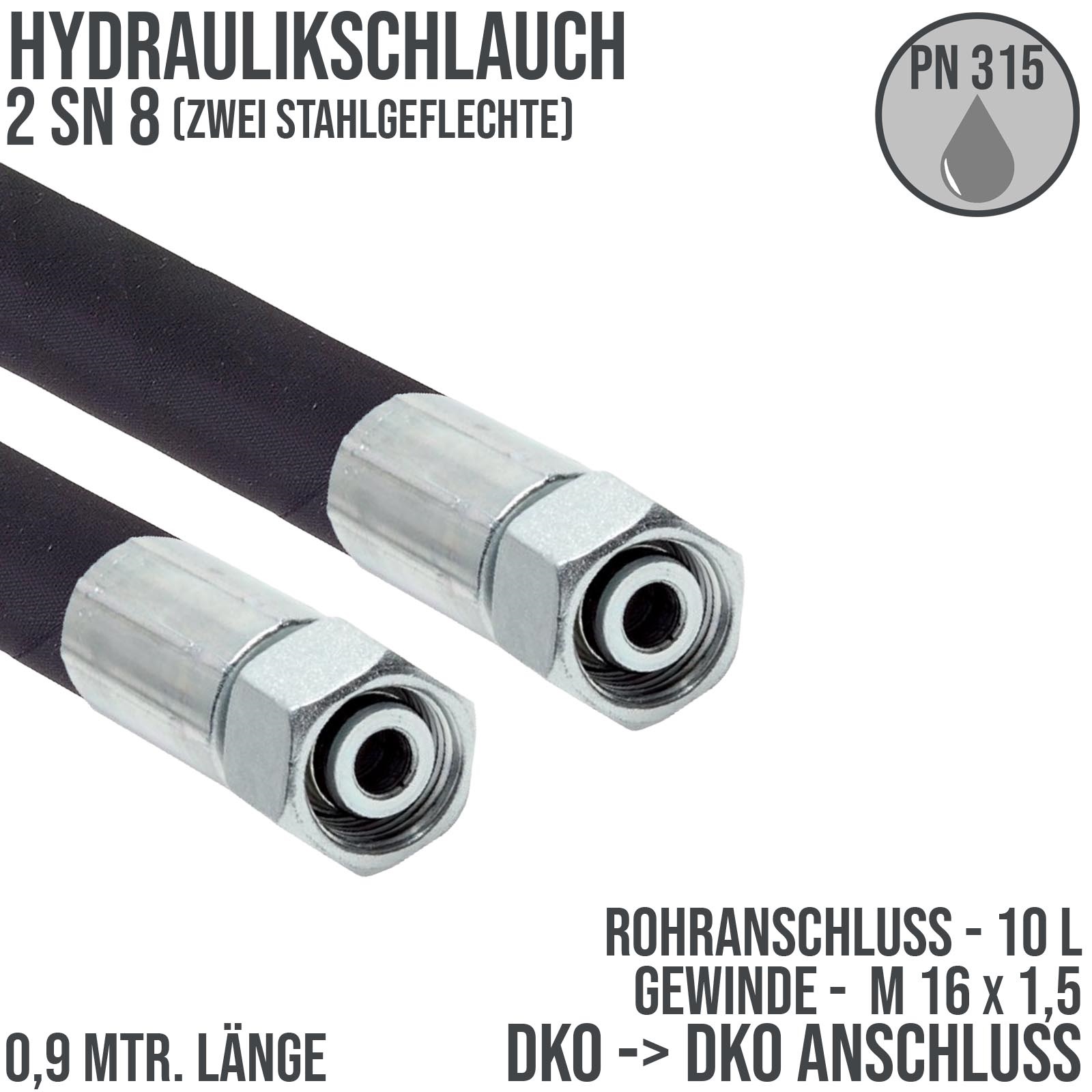 Hydraulikschlauch DN 8 2SN8 - 10 L DKO auf DKO Anschluss IG (M 16 x 1,5) - 900 mm